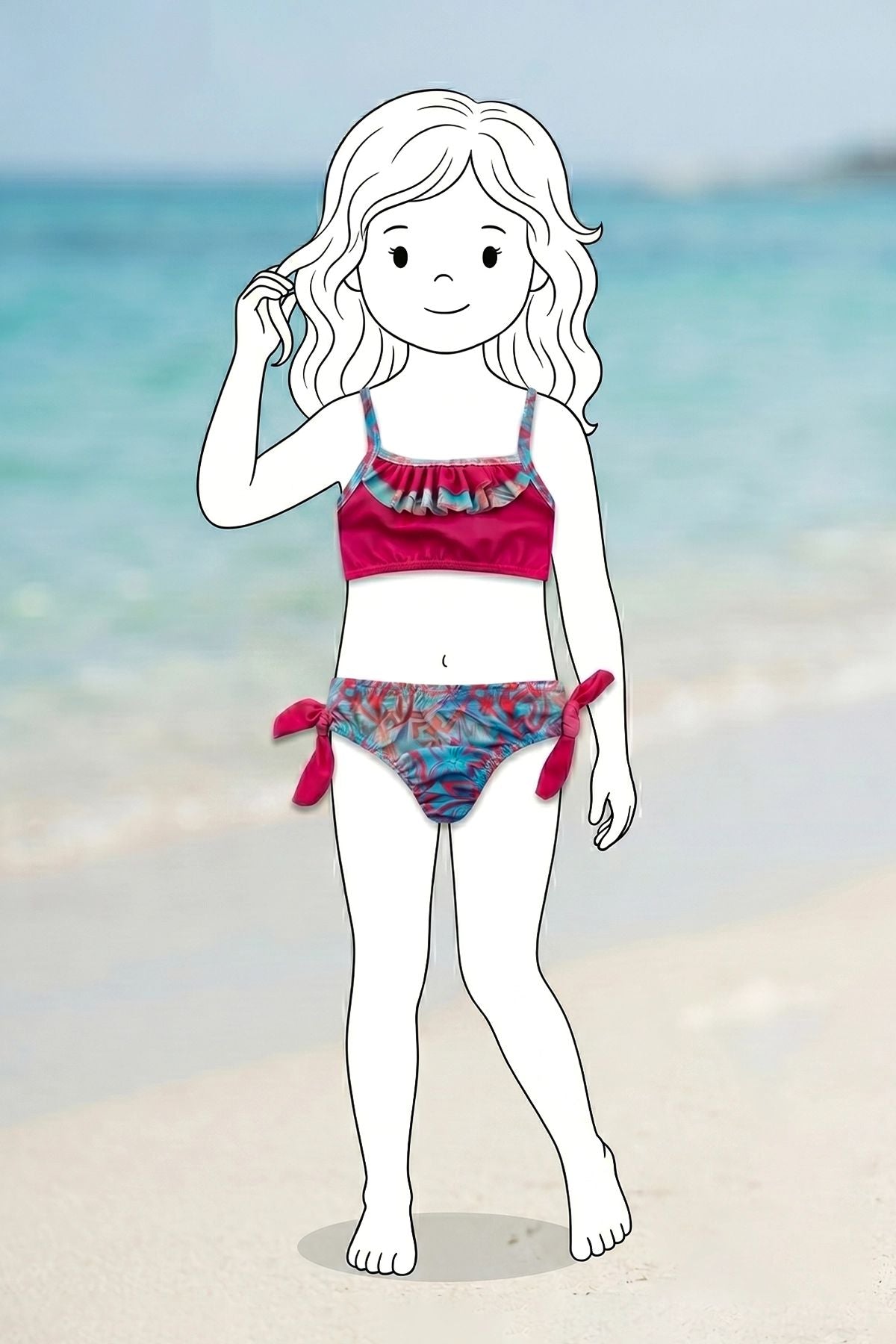 Kız Çocuk Renkli Tropik Desen Bikini Takımı
