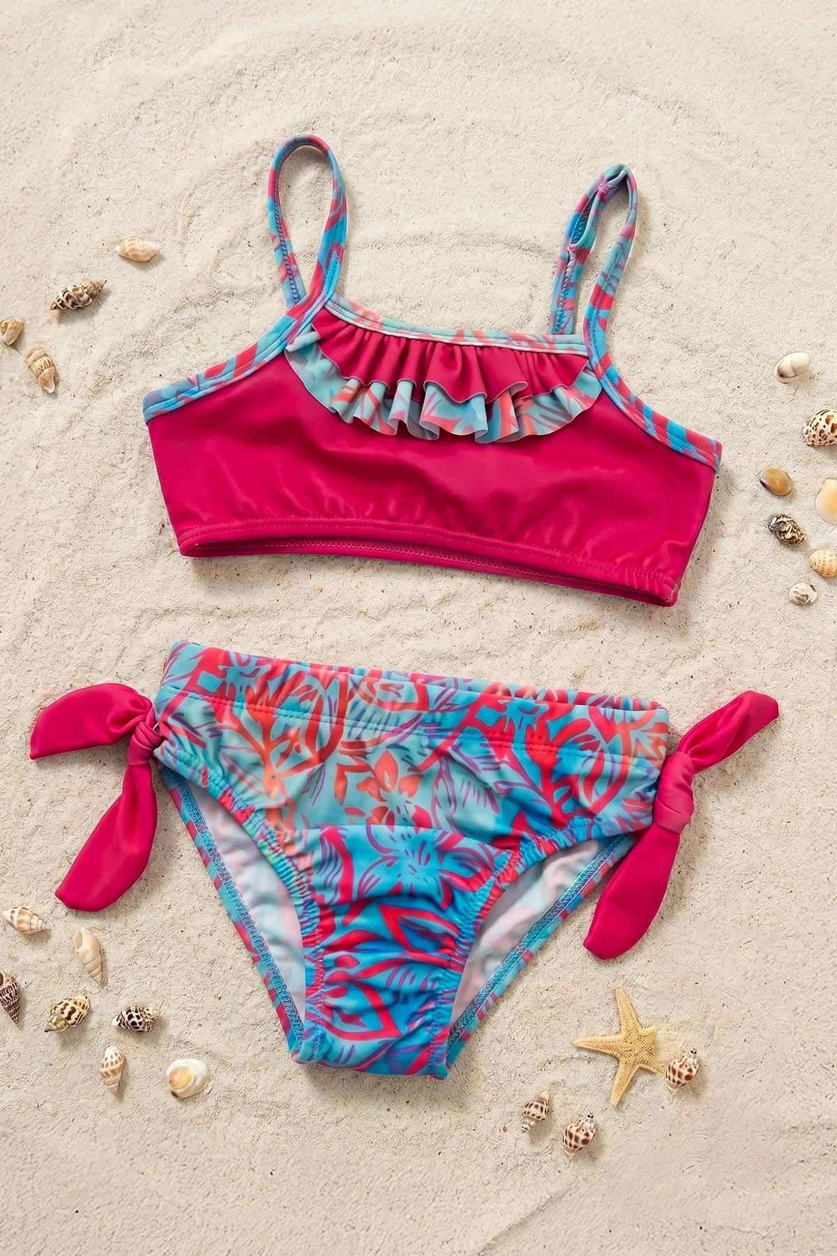 Kız Çocuk Renkli Tropik Desen Bikini Takımı