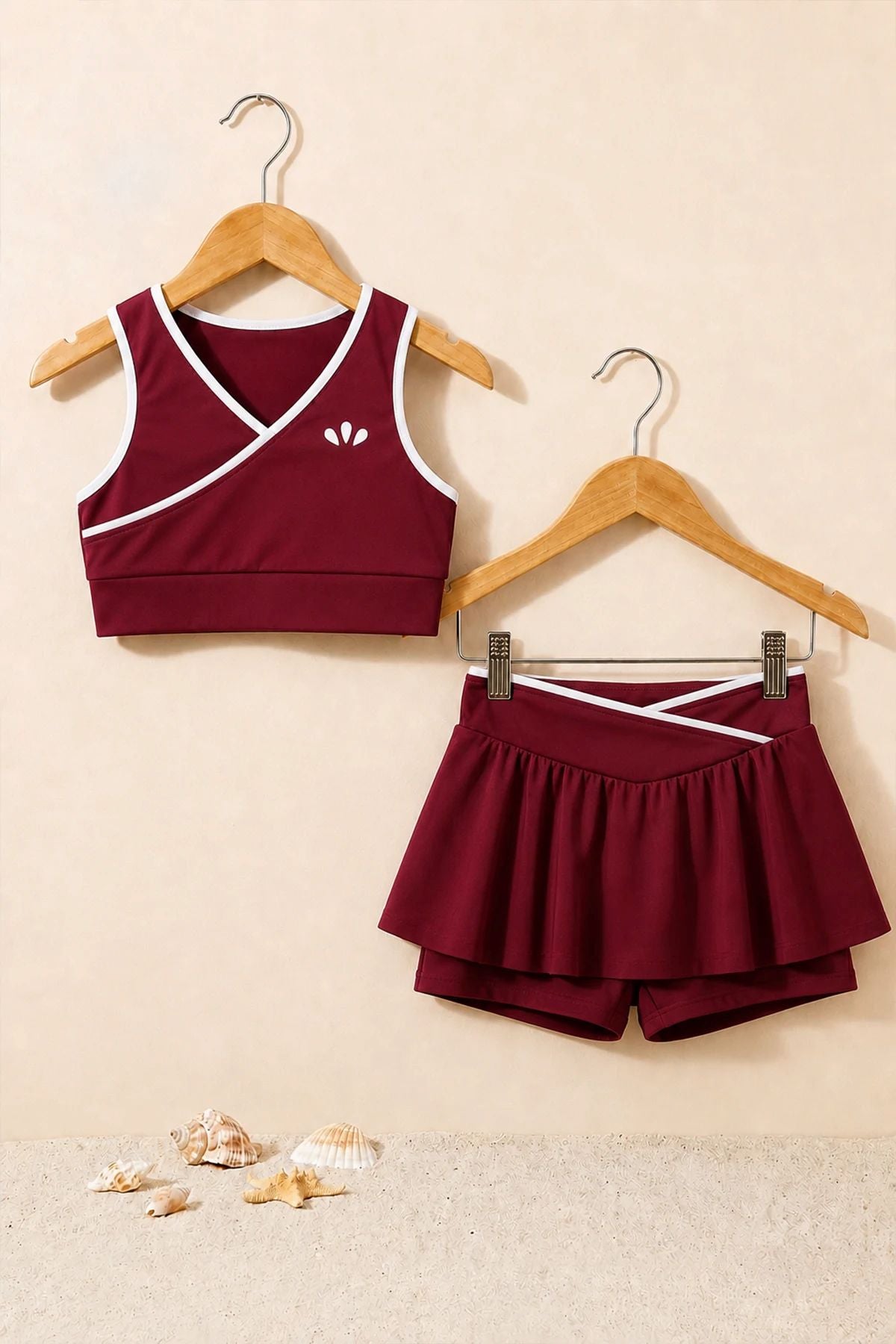 Kız Çocuk Sportif Bordo Renk Crop - Şort Etek Alt Üst - Takım