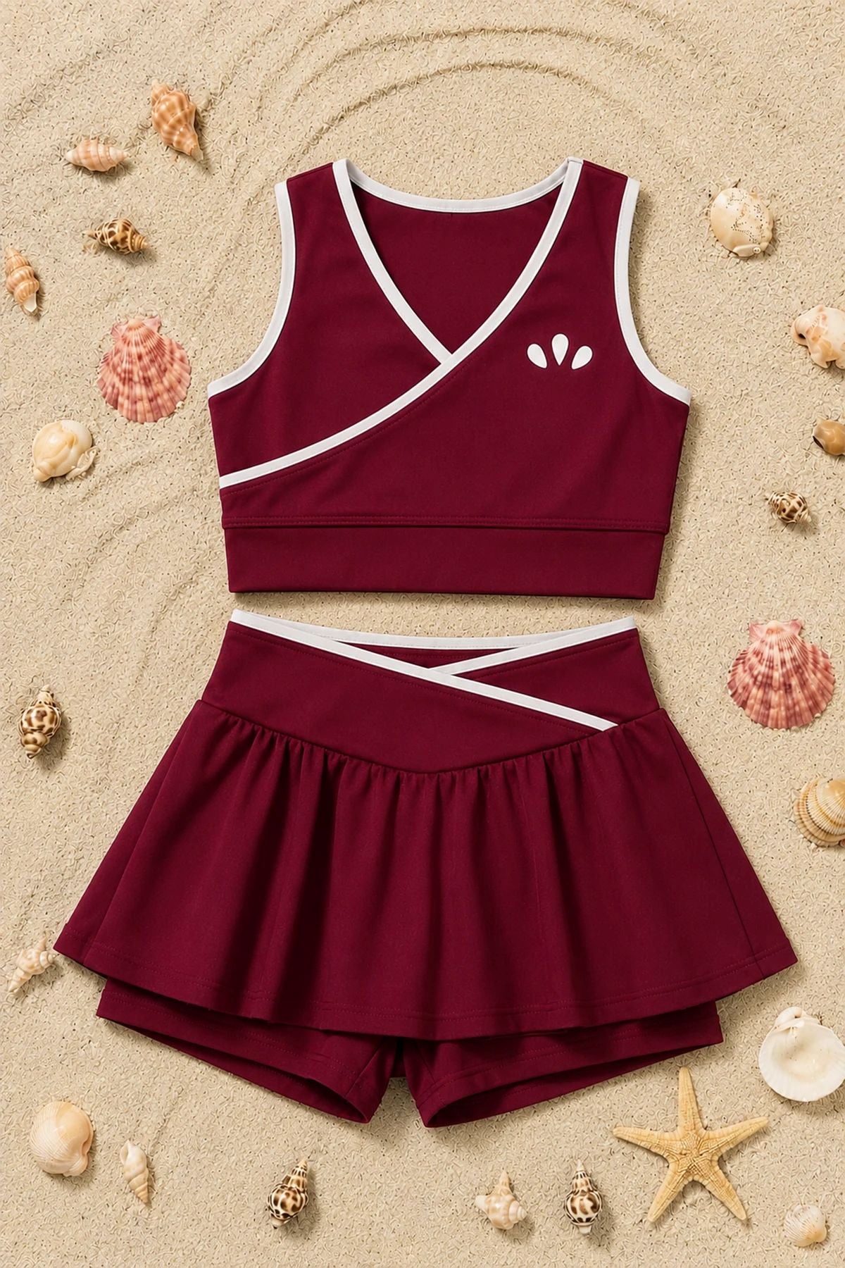 Kız Çocuk Sportif Bordo Renk Crop - Şort Etek Alt Üst - Takım