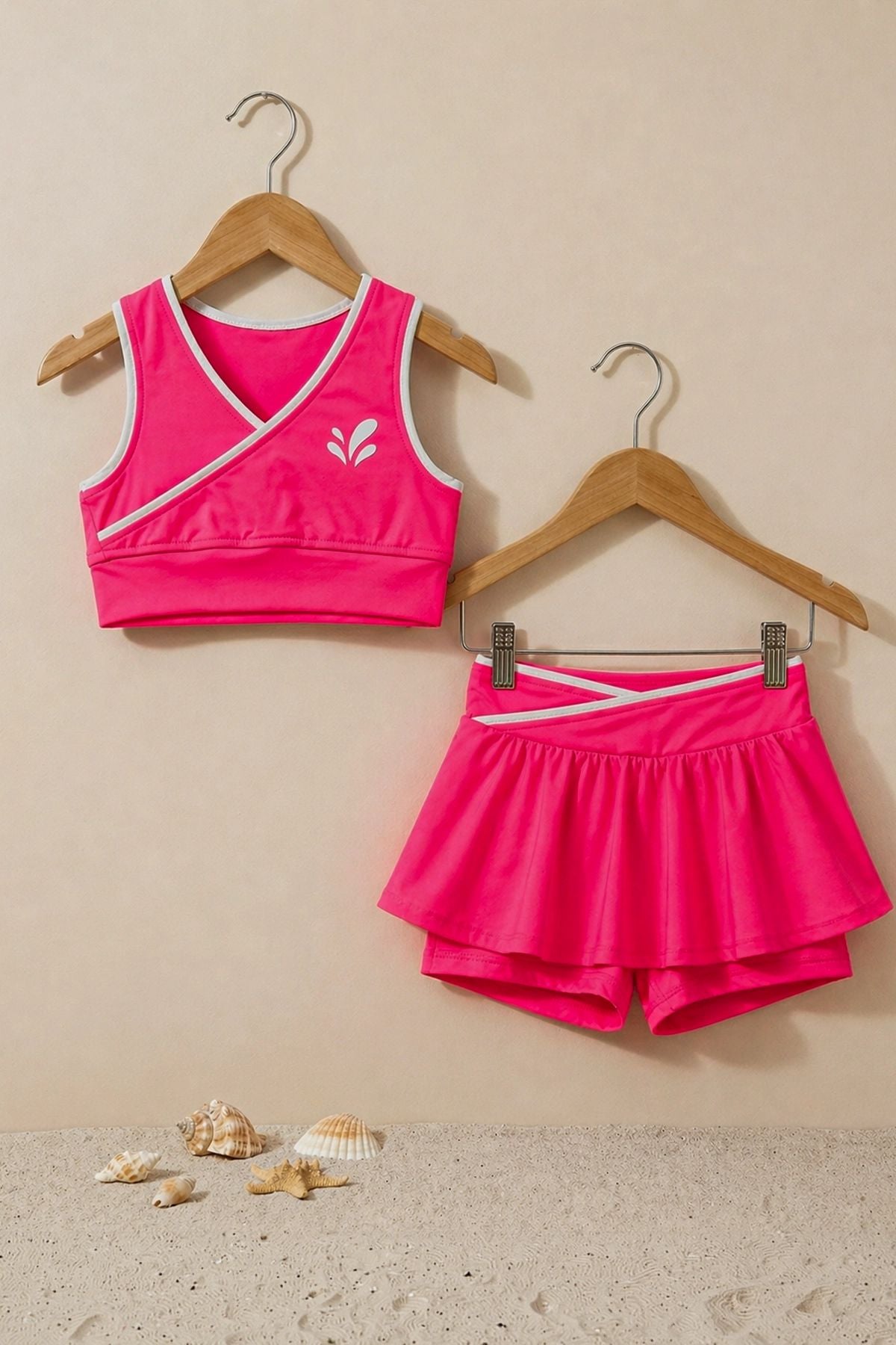 Kız Çocuk Sportif Fuşya Renk Crop - Şort Etek Alt Üst - Takım