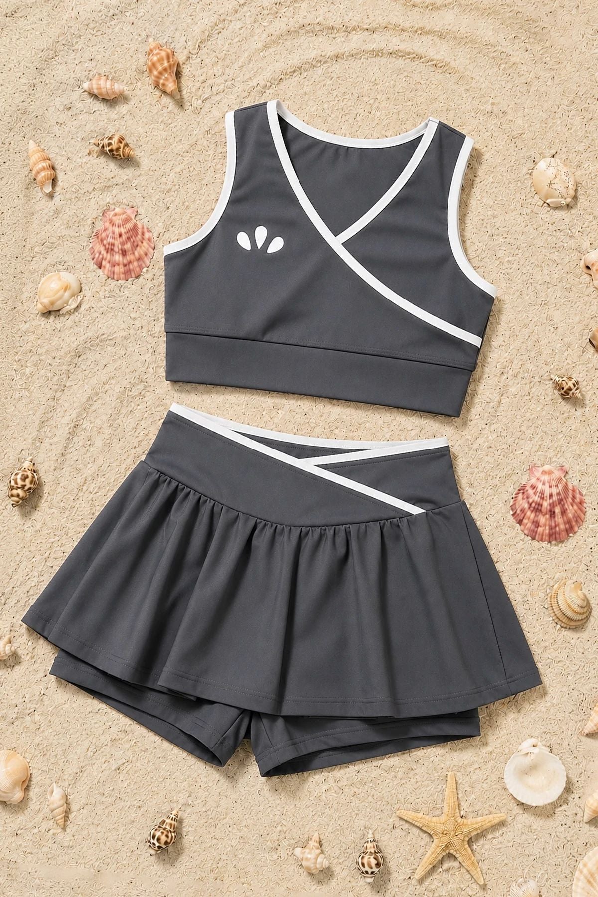 Kız Çocuk Sportif Gri Renk Crop - Şort Etek Alt Üst - Takım