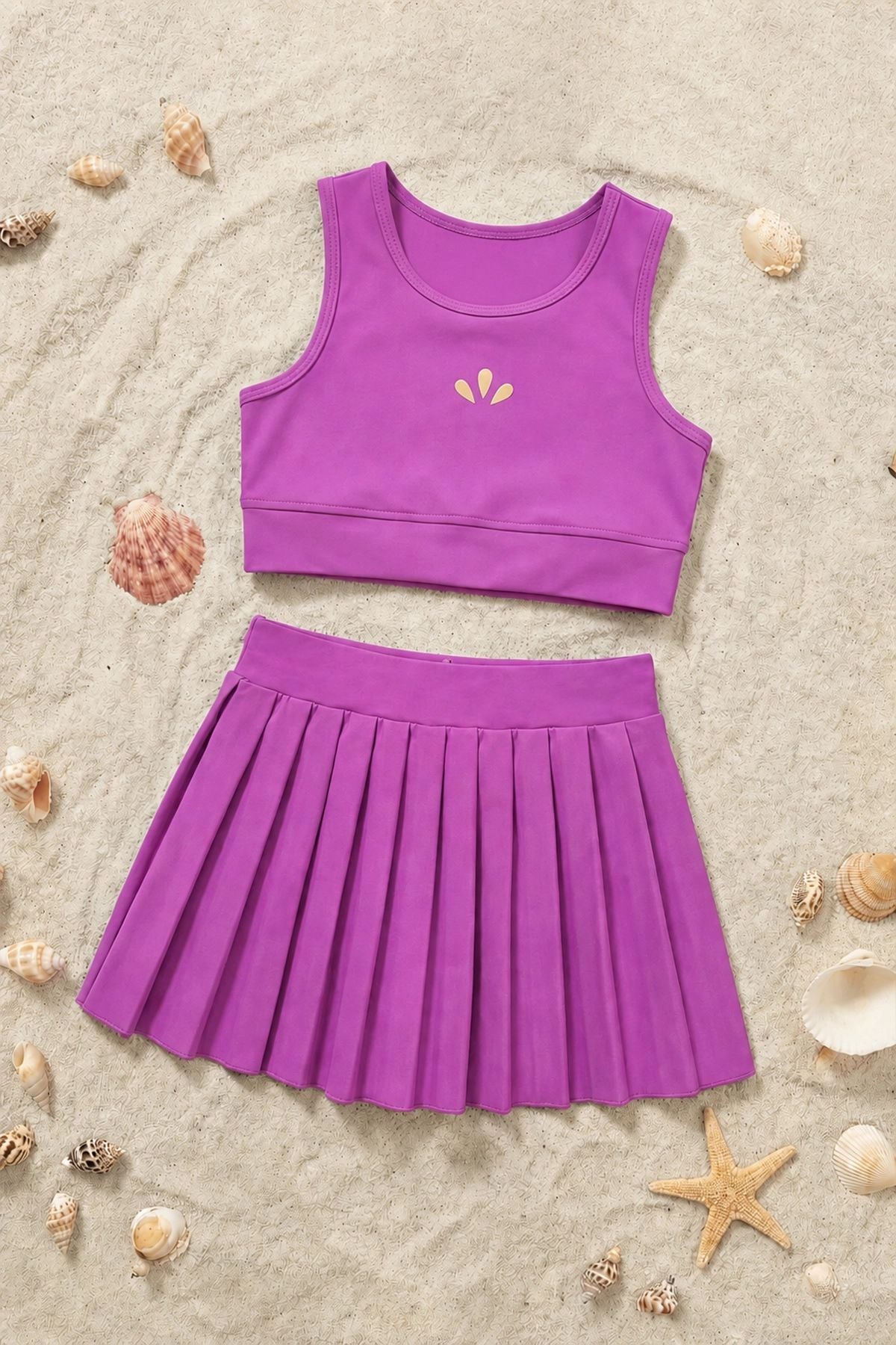 Kız Çocuk Sportif Mor Renk Pilili Crop - Şort Etek Alt - Üst Takım