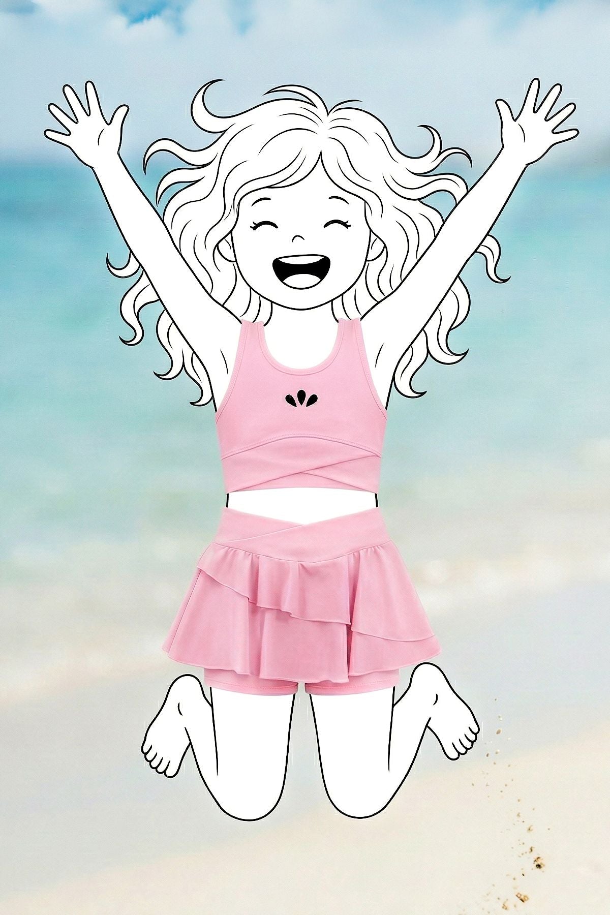 Kız Çocuk Sportif Pembe Renk Crop - Şort Etek Alt Üst - Takım