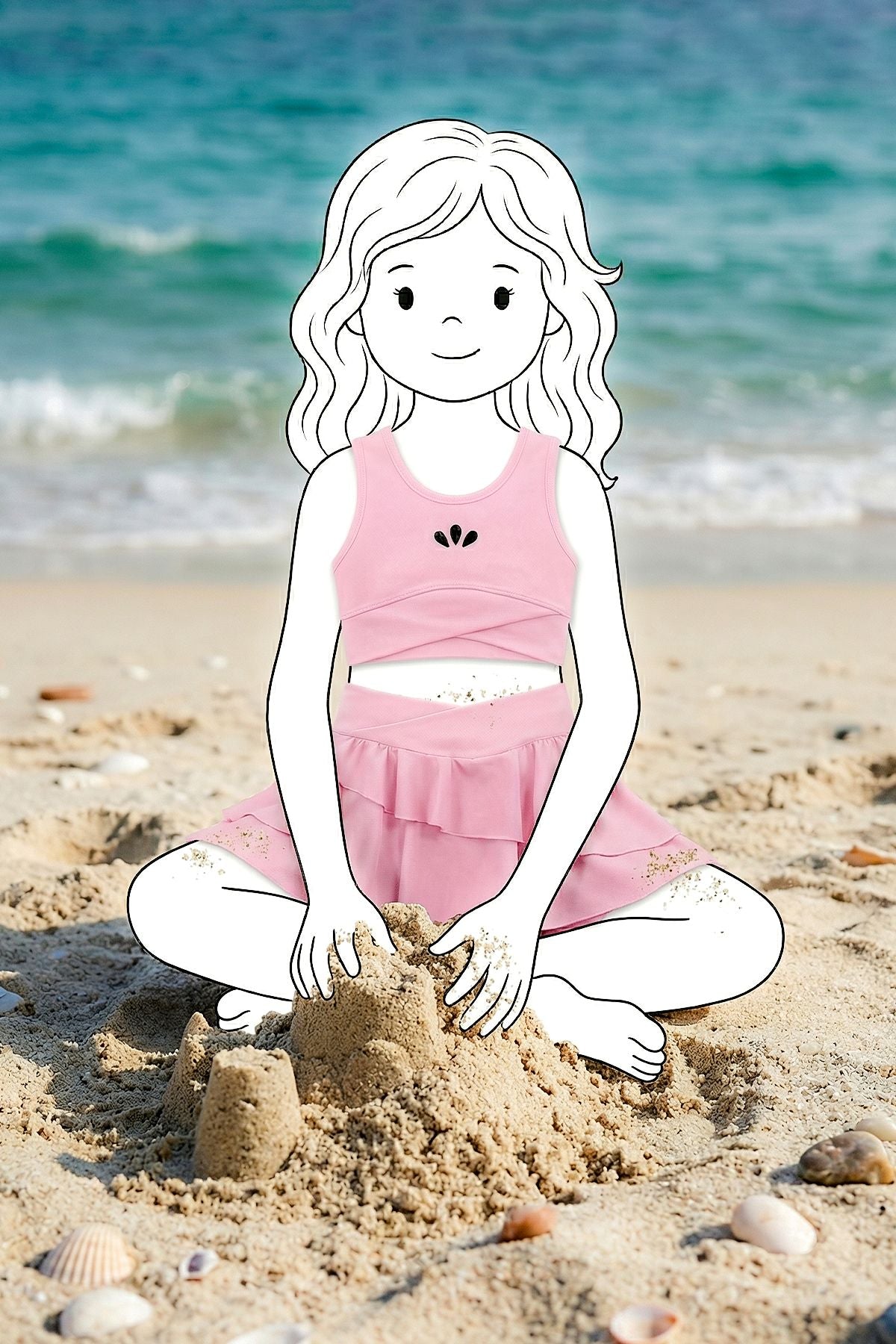 Kız Çocuk Sportif Pembe Renk Crop - Şort Etek Alt Üst - Takım