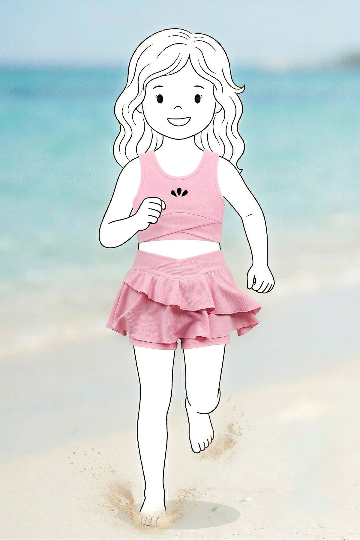 Kız Çocuk Sportif Pembe Renk Crop - Şort Etek Alt Üst - Takım