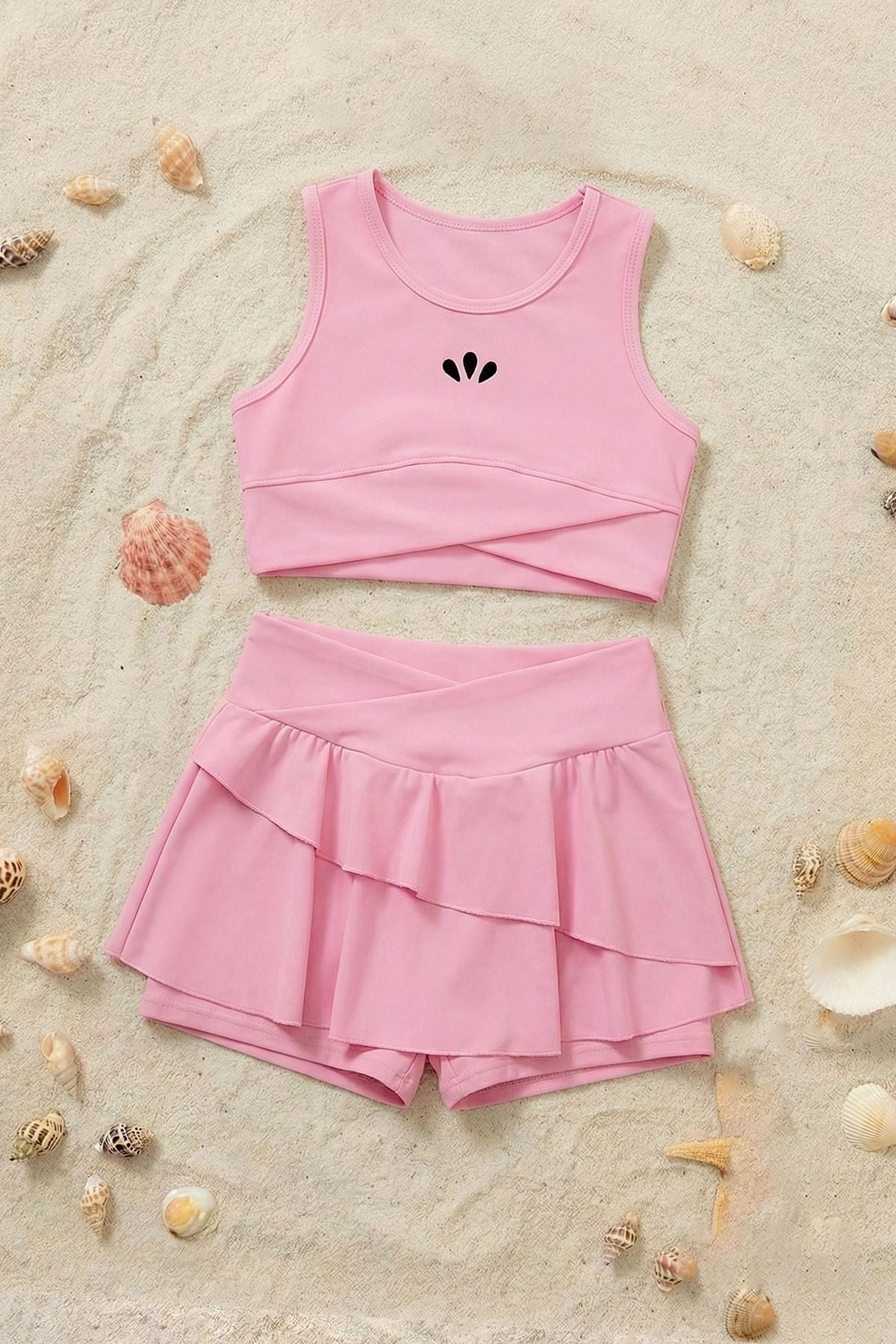 Kız Çocuk Sportif Pembe Renk Crop - Şort Etek Alt Üst - Takım