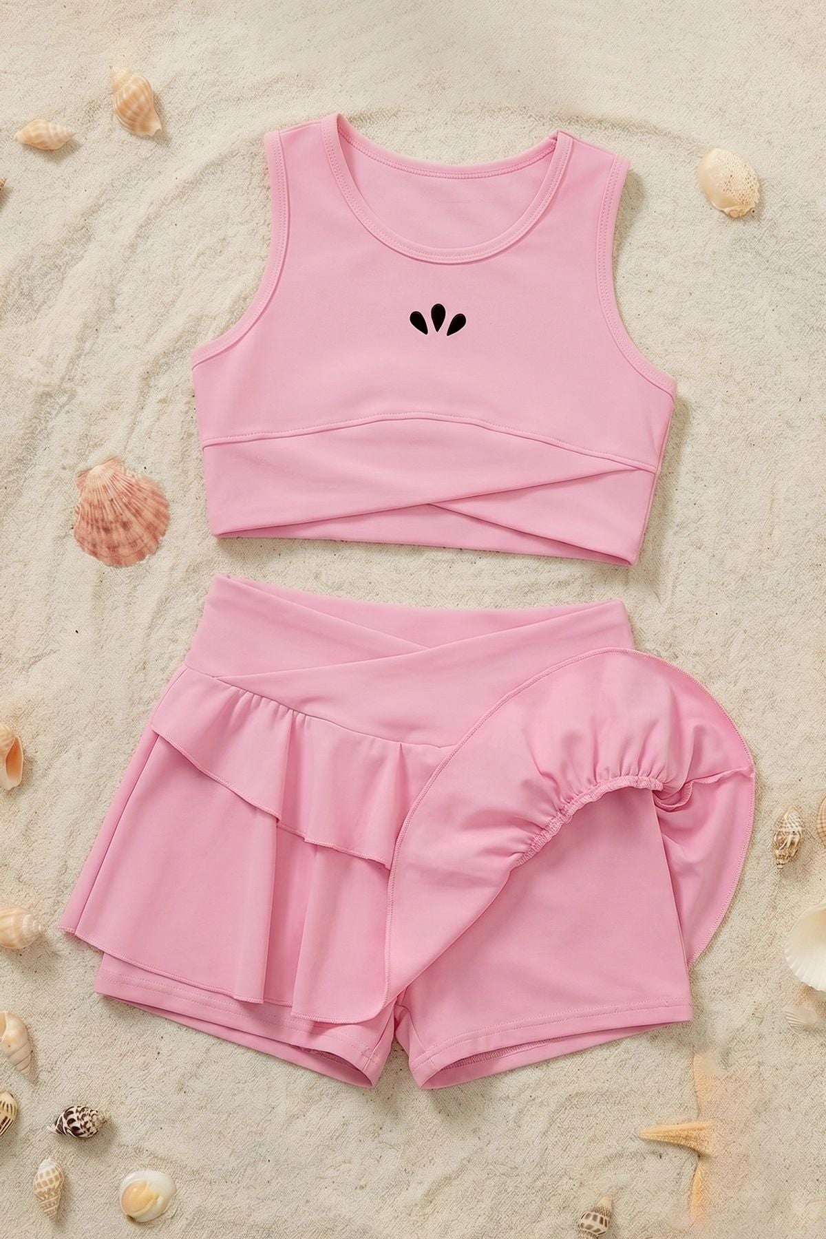 Kız Çocuk Sportif Pembe Renk Crop - Şort Etek Alt Üst - Takım