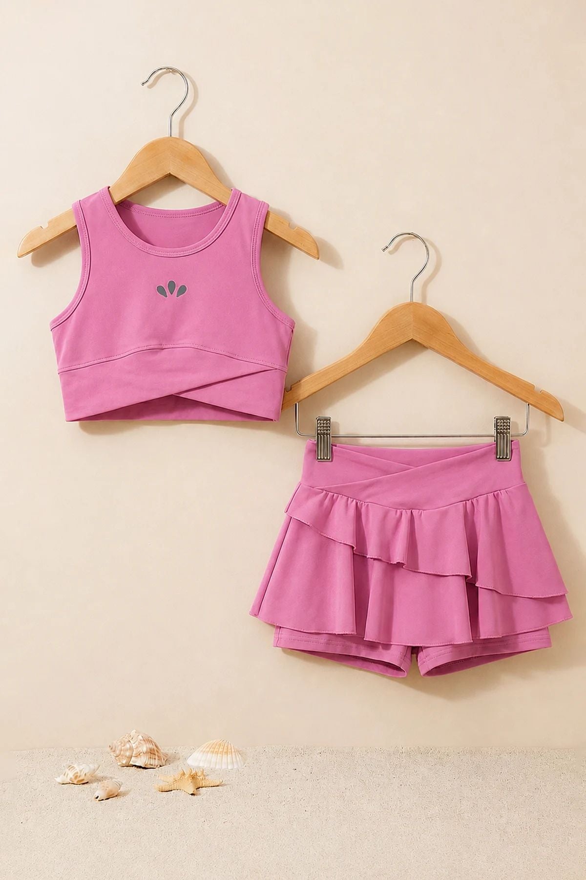 Kız Çocuk Sportif Pudra Renk Crop - Şort Etek Alt Üst - Takım