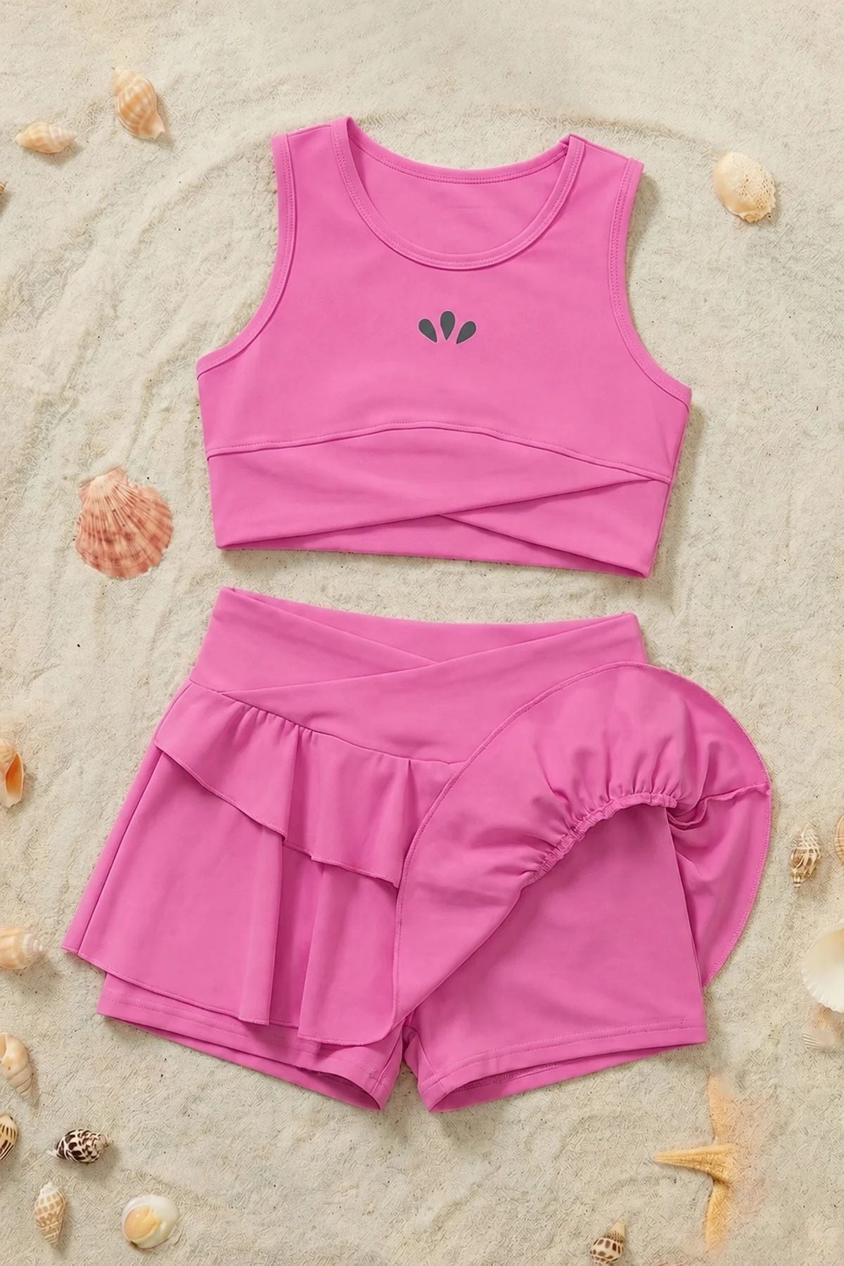 Kız Çocuk Sportif Pudra Renk Crop - Şort Etek Alt Üst - Takım