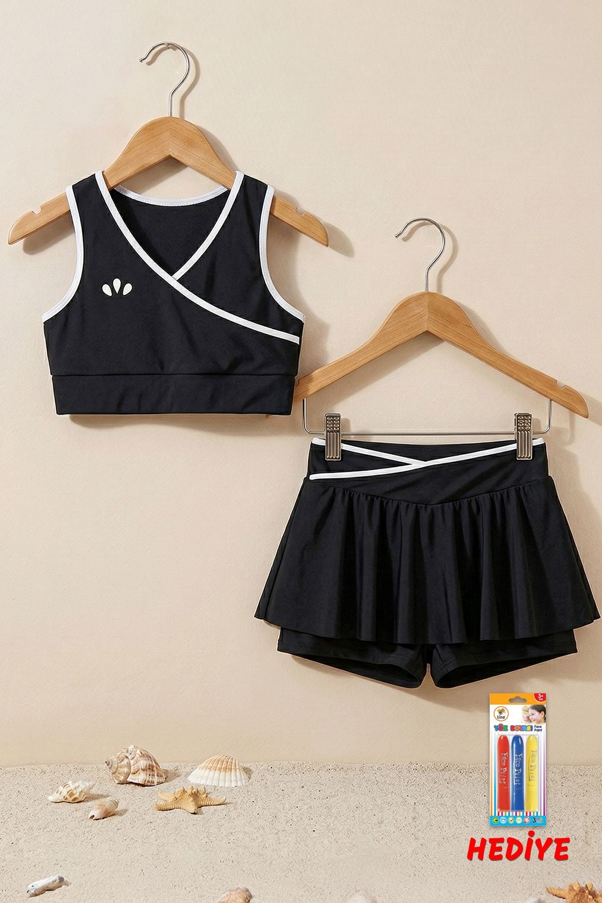 Kız Çocuk Sportif Siyah Renk Biyeli Crop Şort Etek  Alt Üst Takım