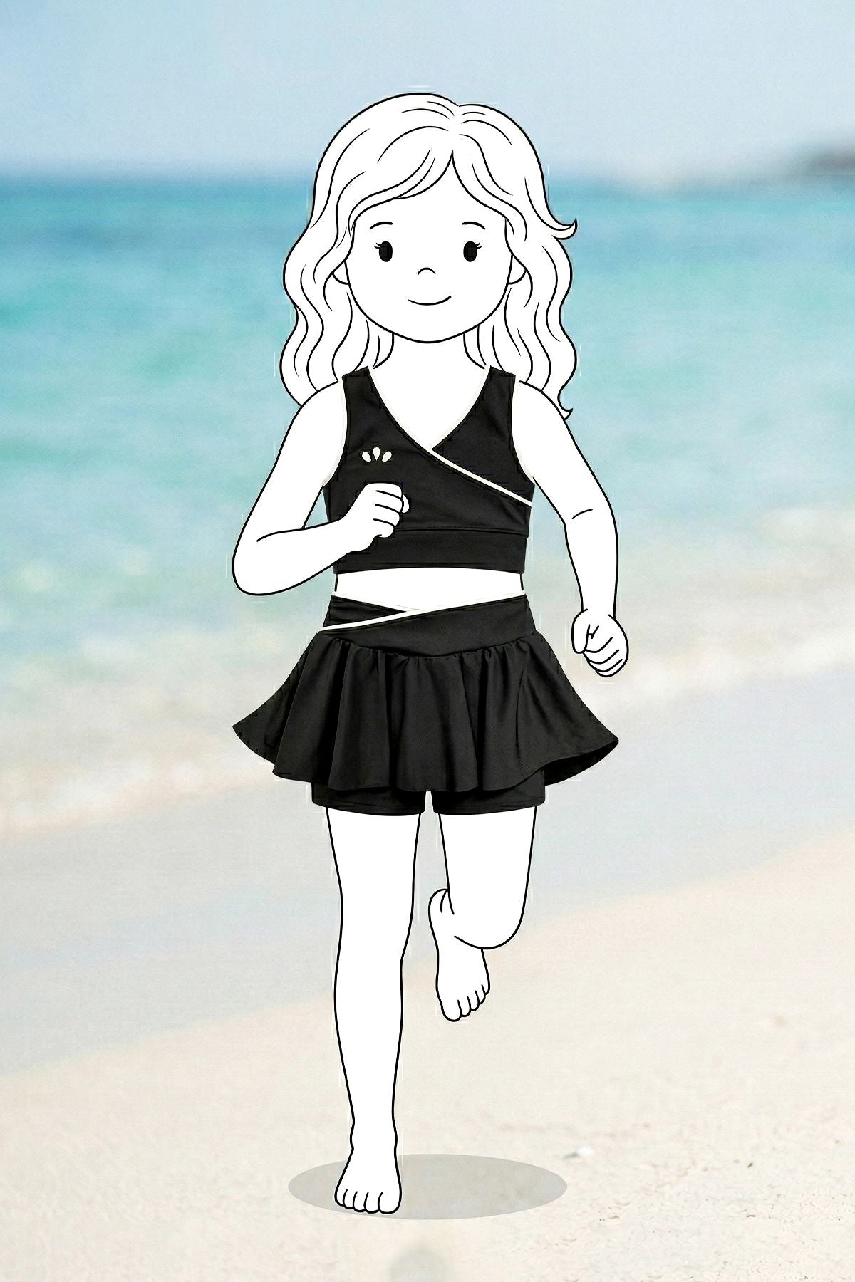 Kız Çocuk Sportif Siyah Renk Biyeli Crop Şort Etek  Alt Üst Takım