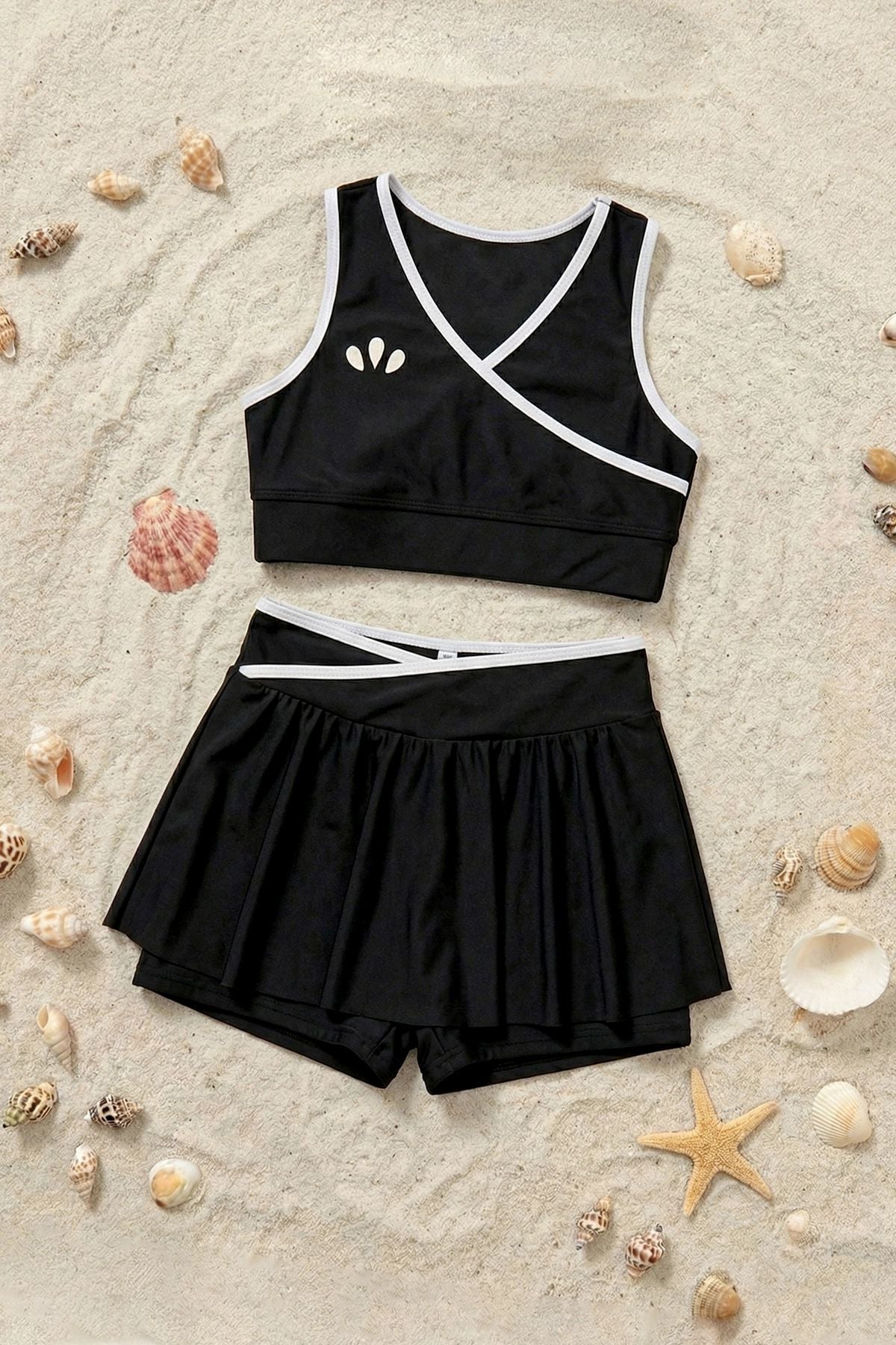 Kız Çocuk Sportif Siyah Renk Biyeli Crop Şort Etek  Alt Üst Takım