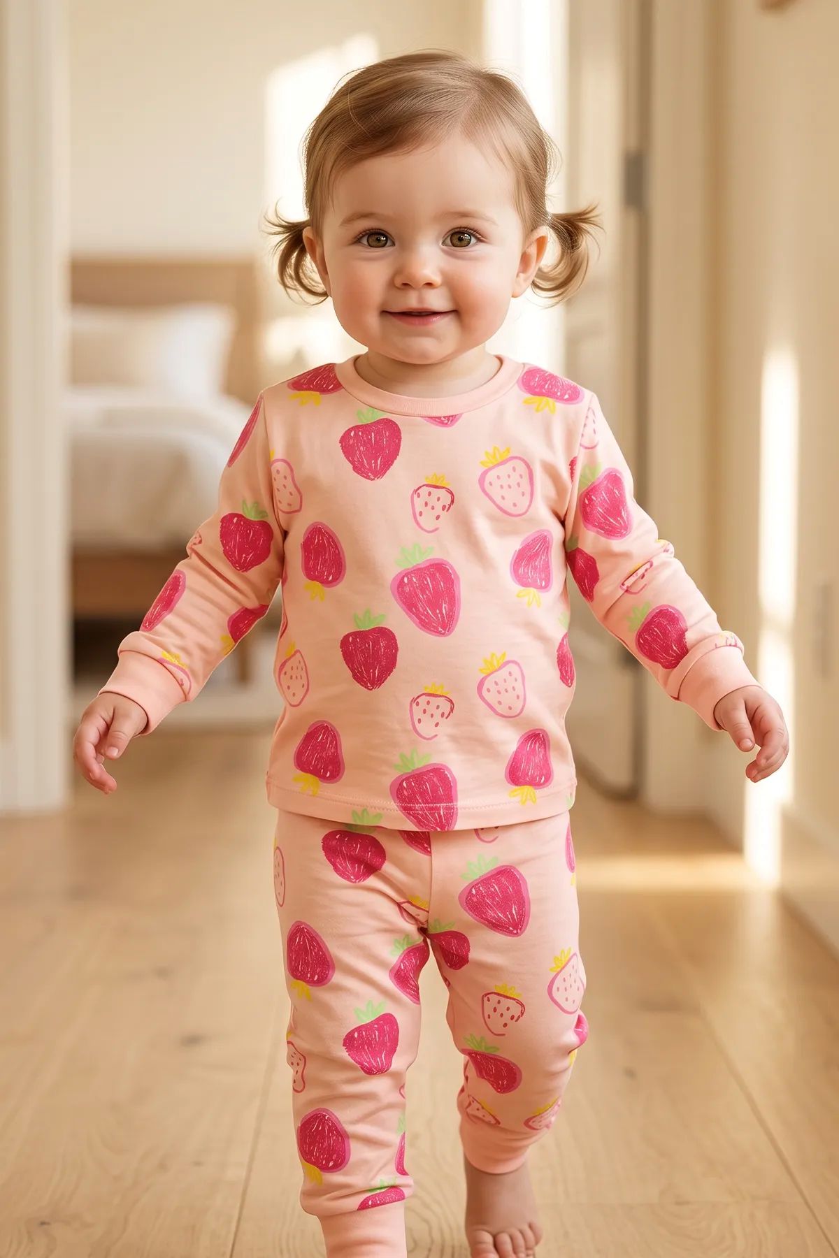 Kız Çocuk Strawberry - Çilek Desenli Uzun Kollu Pijama Takımı