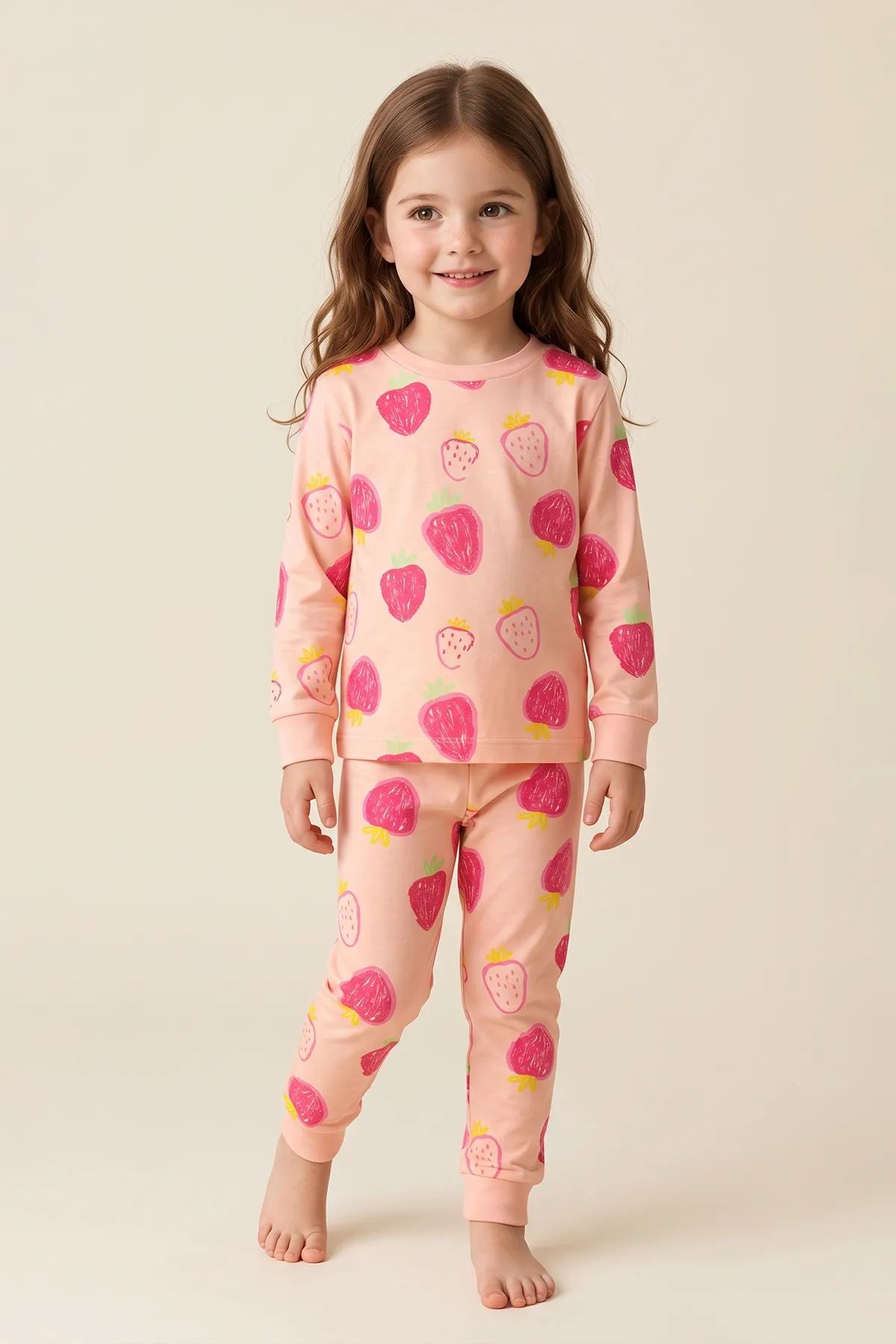Kız Çocuk Strawberry - Çilek Desenli Uzun Kollu Pijama Takımı