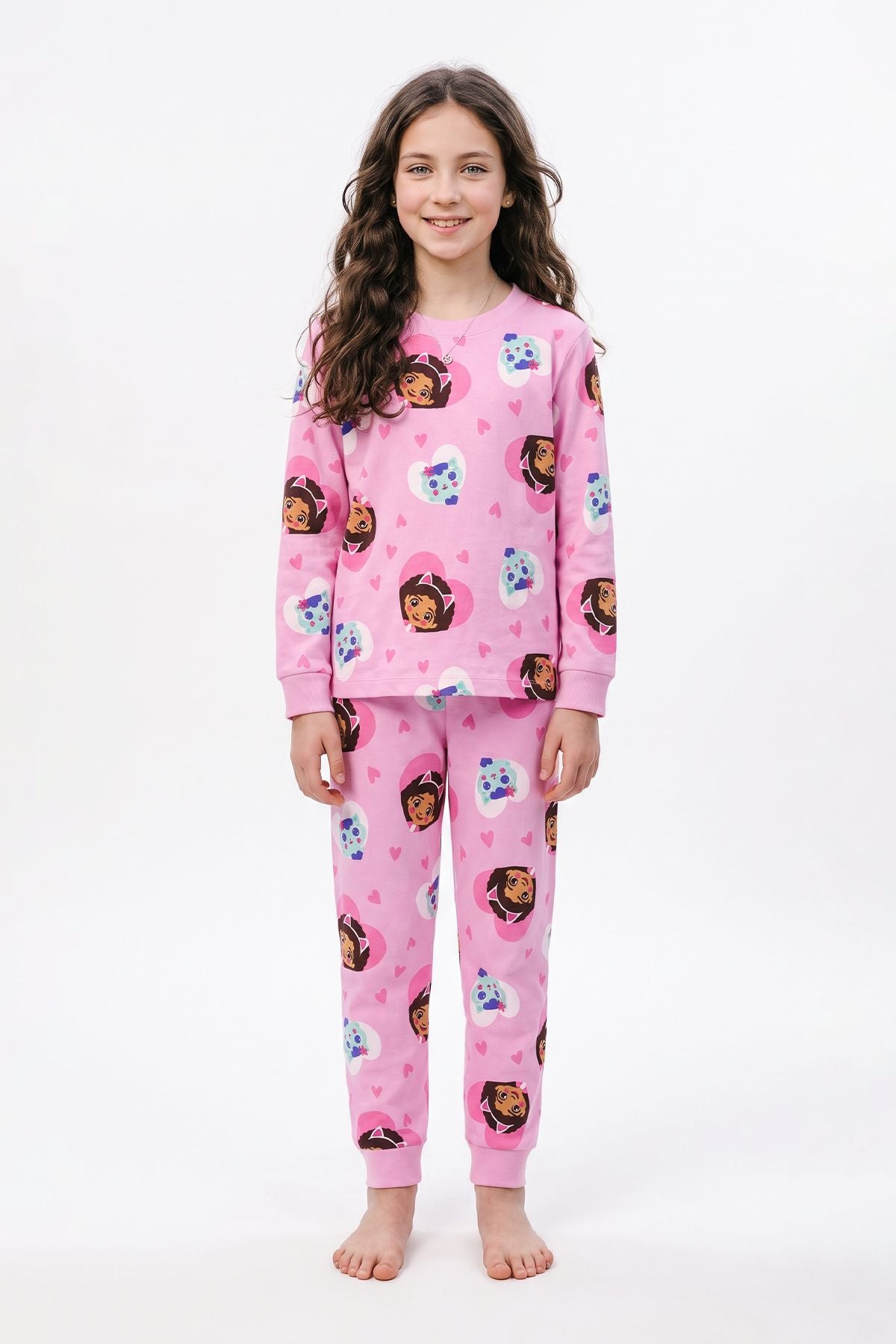 Kız Çocuk Uzun Kol Pembe Renk Kedi Kız Desenli Pijama Takımı