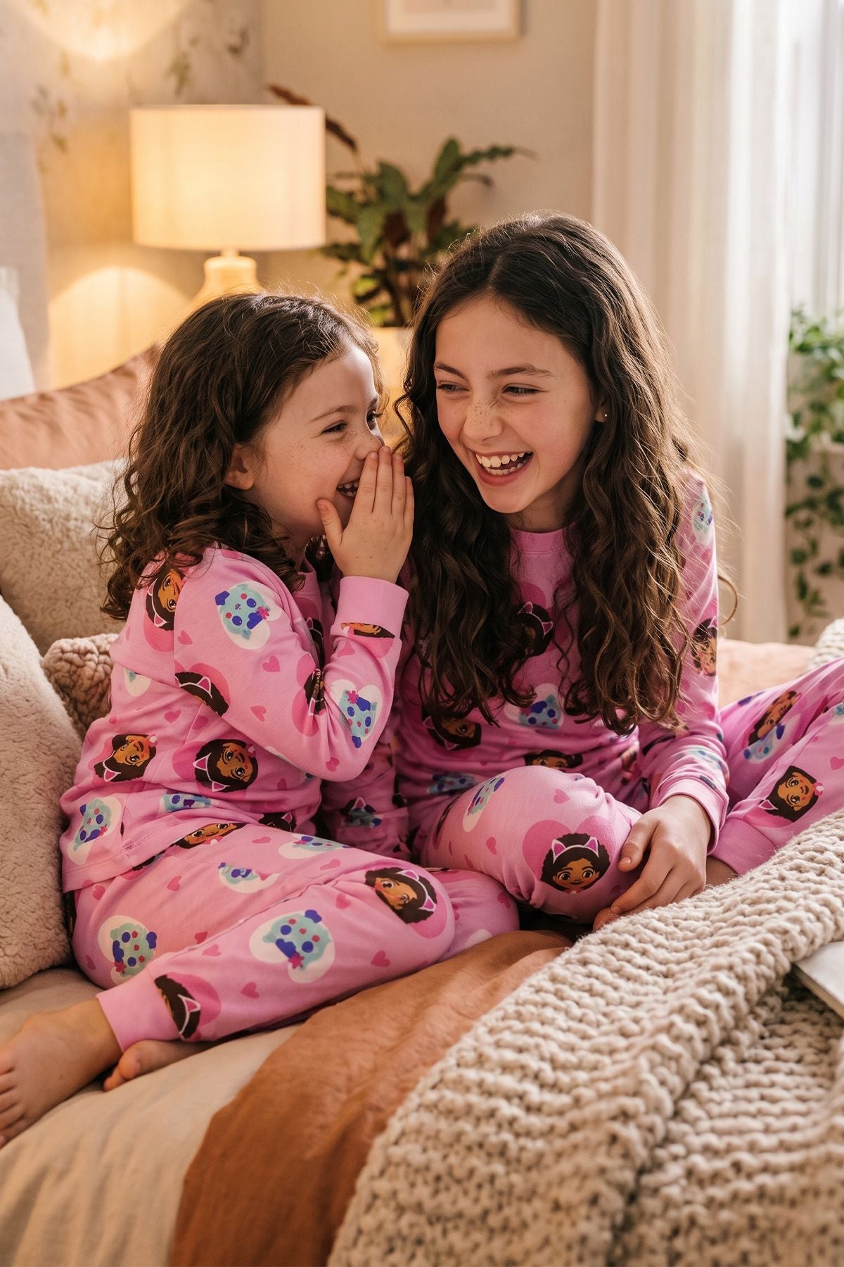Kız Çocuk Uzun Kol Pembe Renk Kedi Kız Desenli Pijama Takımı