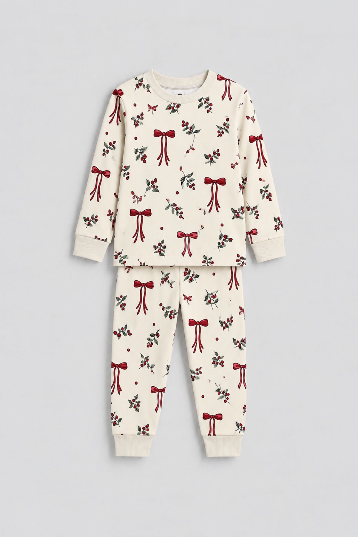 Kız Çocuk Yılbaşı Temalı Fiyonklu Uzun Kollu Pijama Takımı