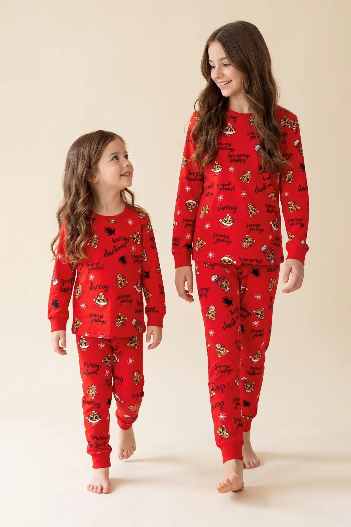 Kız Çocuk Yılbaşı Temalı Tiger Desenli Uzun Kollu Pijama Takımı