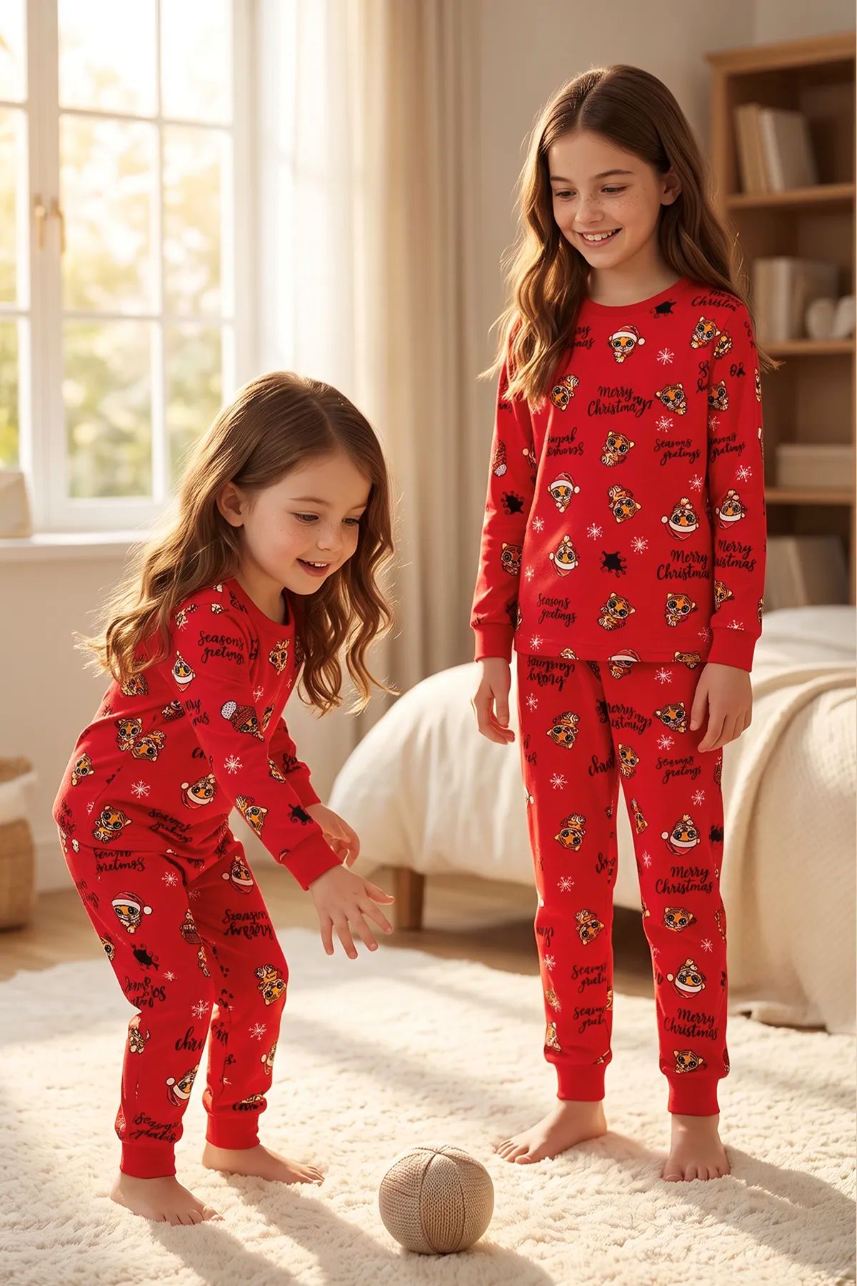 Kız Çocuk Yılbaşı Temalı Tiger Desenli Uzun Kollu Pijama Takımı
