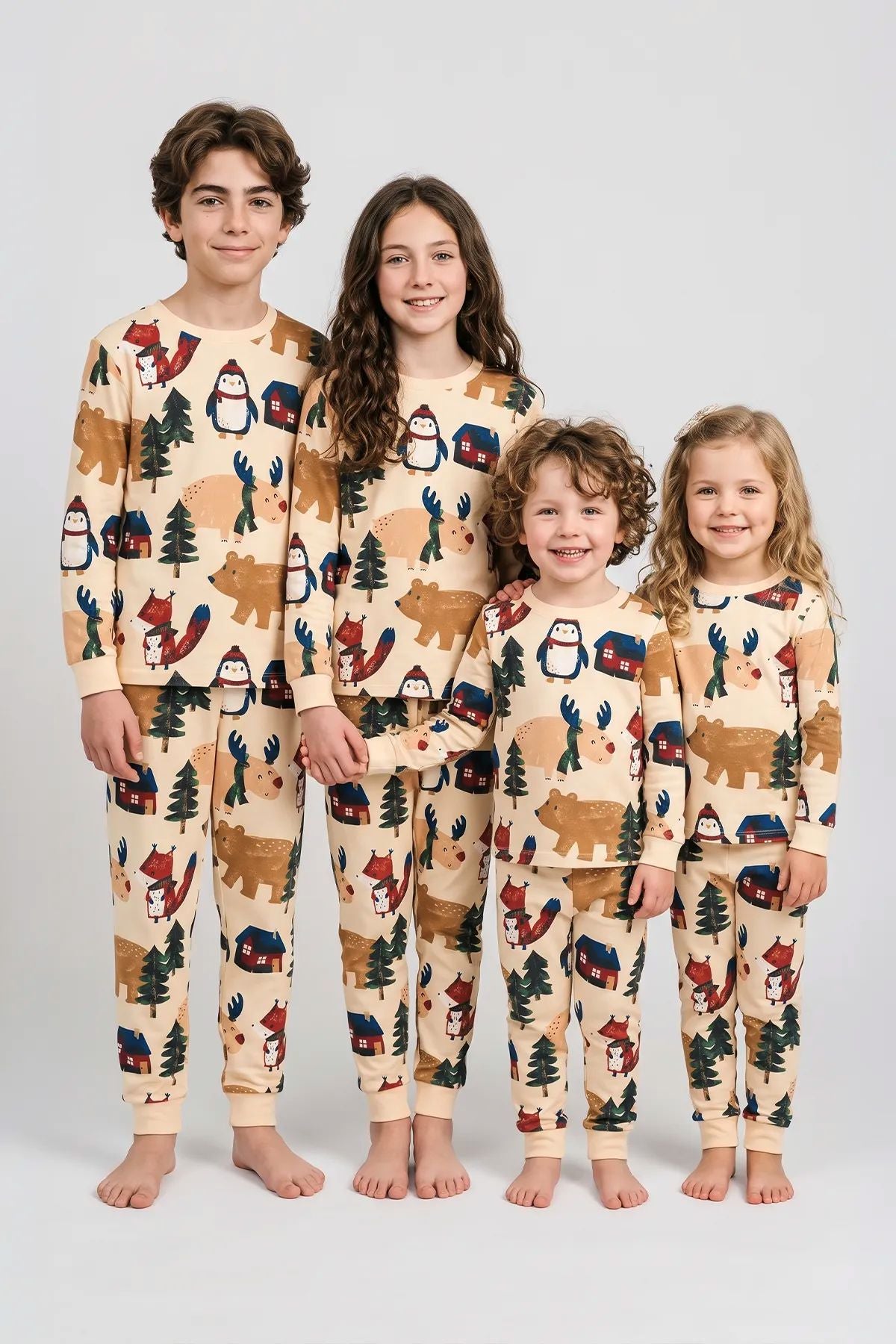 Sevimli Kardan Adam-Penguen Desenli %100 Pamuk Unisex Çocuk Pijama Takımı