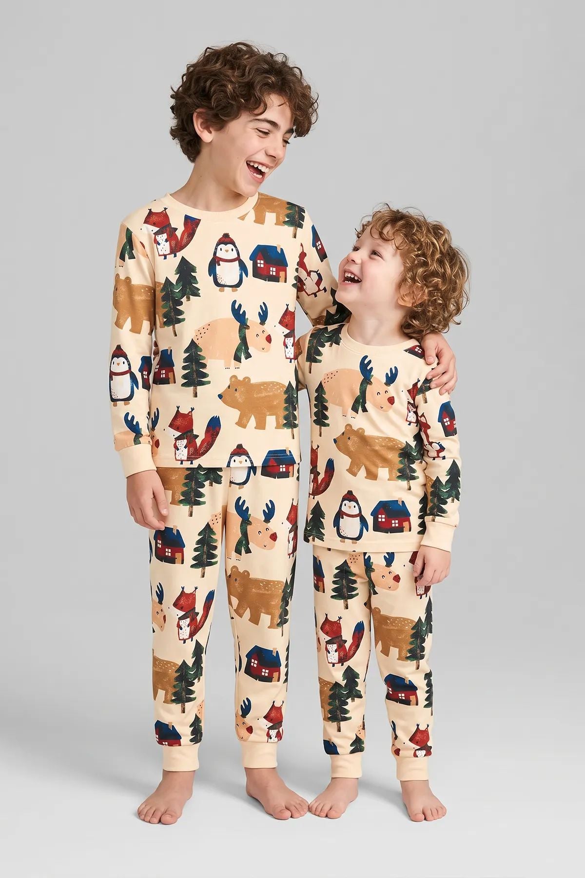 Sevimli Kardan Adam-Penguen Desenli %100 Pamuk Unisex Çocuk Pijama Takımı