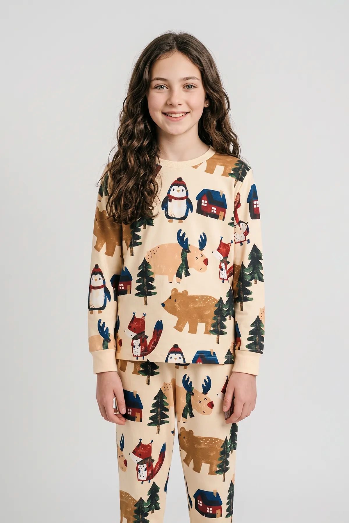 Sevimli Kardan Adam-Penguen Desenli %100 Pamuk Unisex Çocuk Pijama Takımı