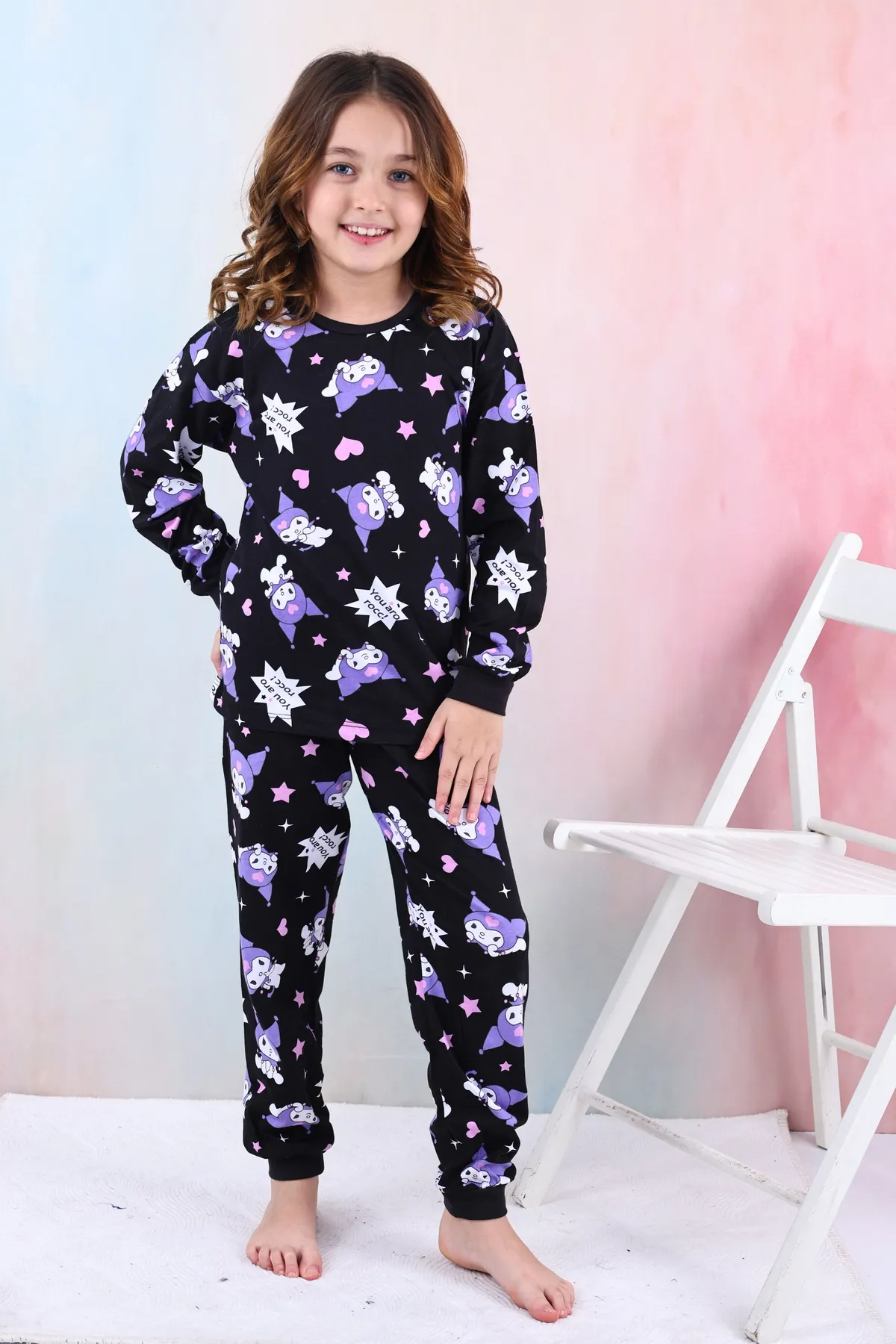 Kuromi Desenli Kız Çocuk Pijama Takımı Pembe 3-13 Yaş