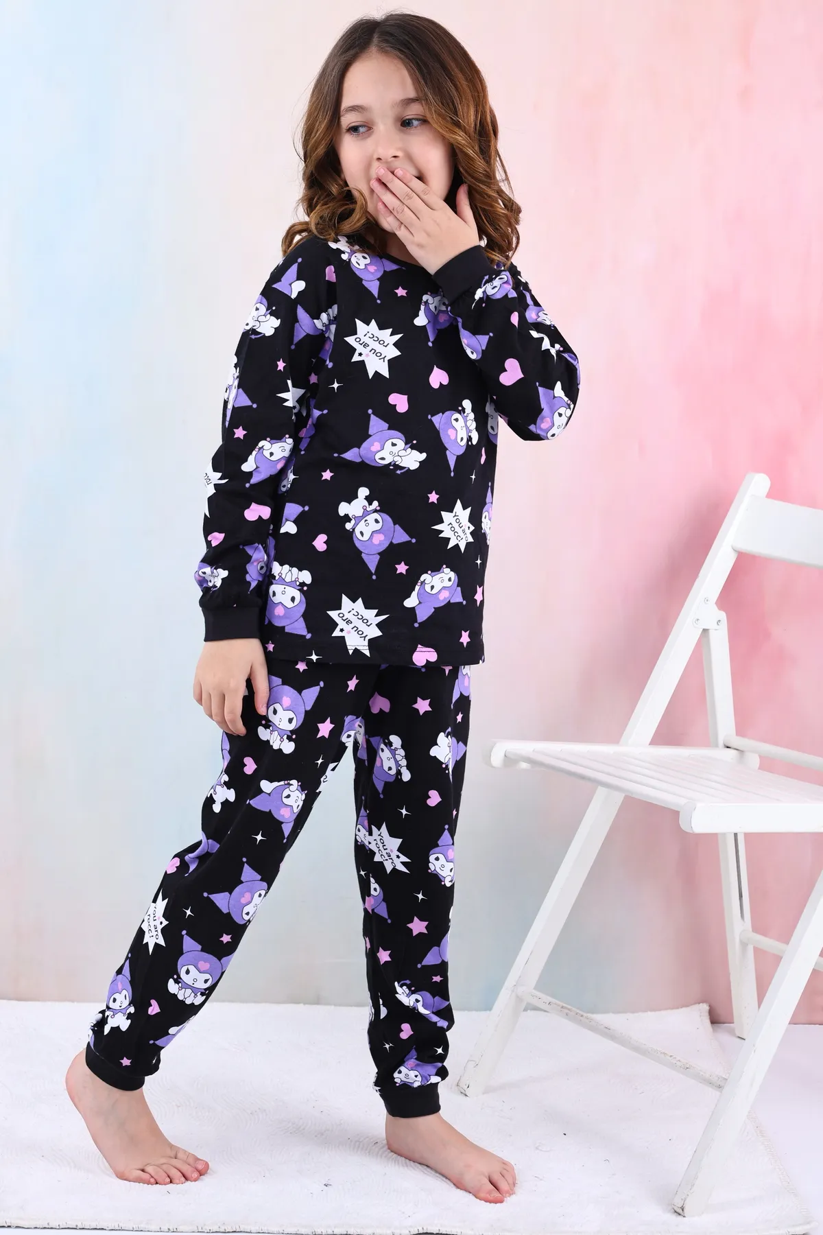 Kuromi Desenli Kız Çocuk Pijama Takımı Pembe 3-13 Yaş