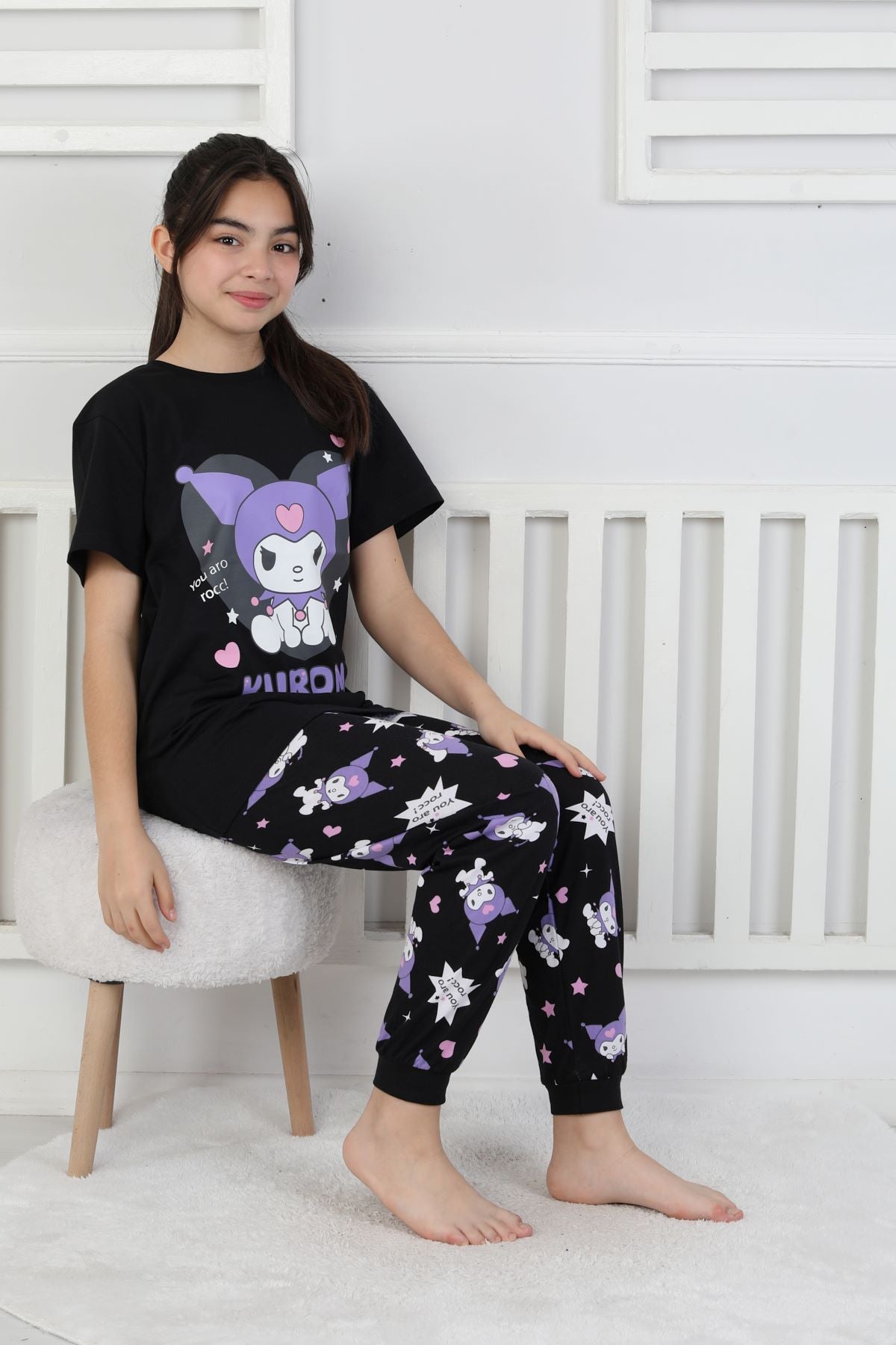 Kuromi Desenli Kız Çocuk Pijama Takımı Pembe 3-8 Yaş