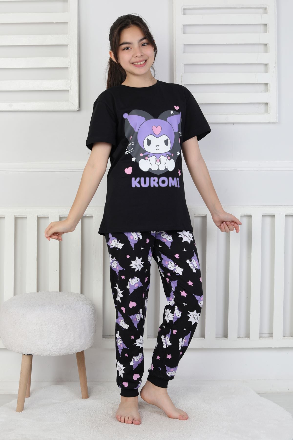 Kuromi Desenli Kız Çocuk Pijama Takımı Pembe 3-8 Yaş