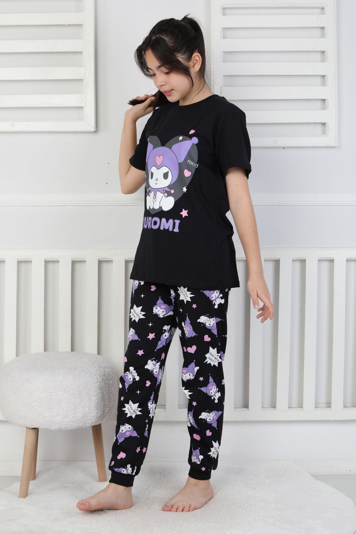 Kuromi Desenli Kız Çocuk Pijama Takımı Pembe 3-8 Yaş