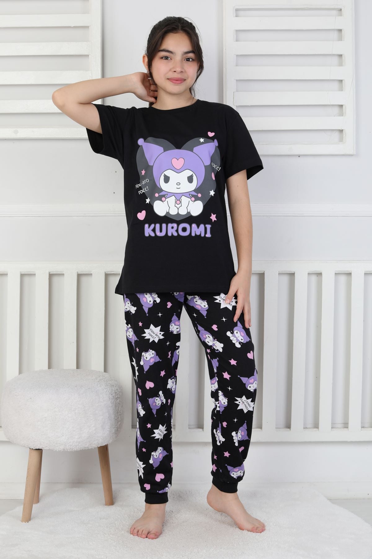Kuromi Desenli Kız Çocuk Pijama Takımı Pembe 3-8 Yaş