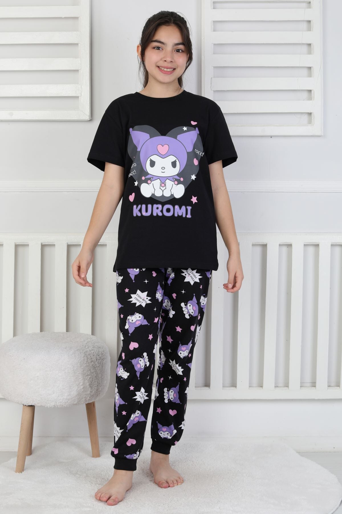 Kuromi Desenli Kız Çocuk Pijama Takımı Pembe 3-8 Yaş