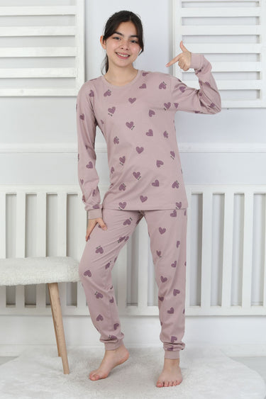 Lavanta Renkli Kalp Desenli Kız Çocuk Pijama Takımı