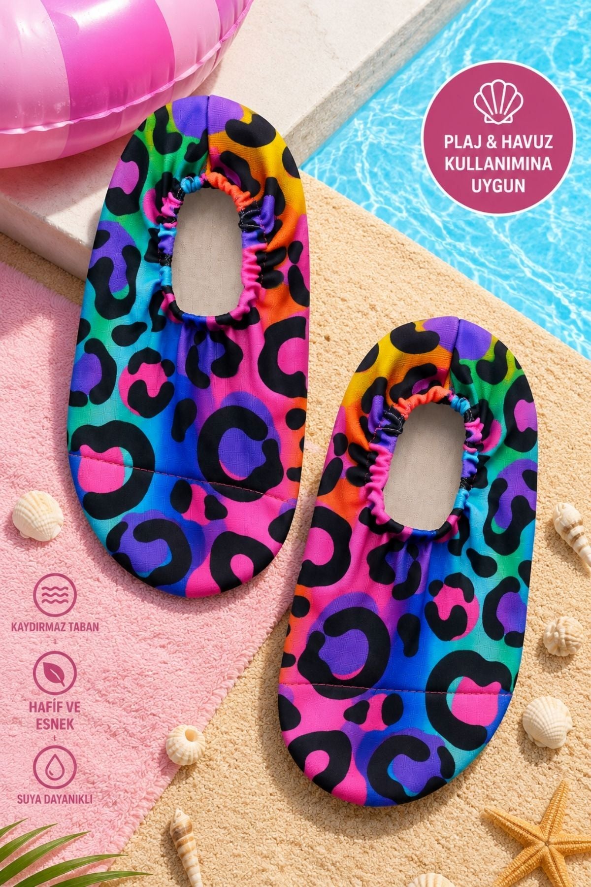Neon Leopar Desenli Kaymaz Taban Bebek - Çocuk Deniz Ayakkabısı