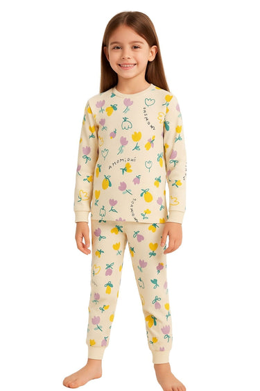 Magnifi Ove Yazılı Lale Baskılı Kız Çocuk Pijama Takımı