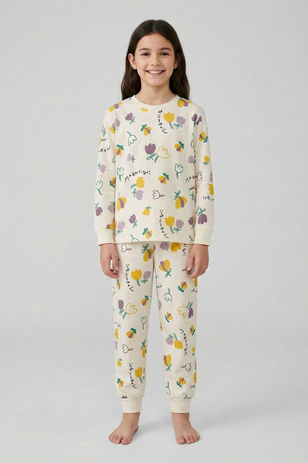 Magnifi Ove Yazılı Lale Baskılı Kız Çocuk Pijama Takımı