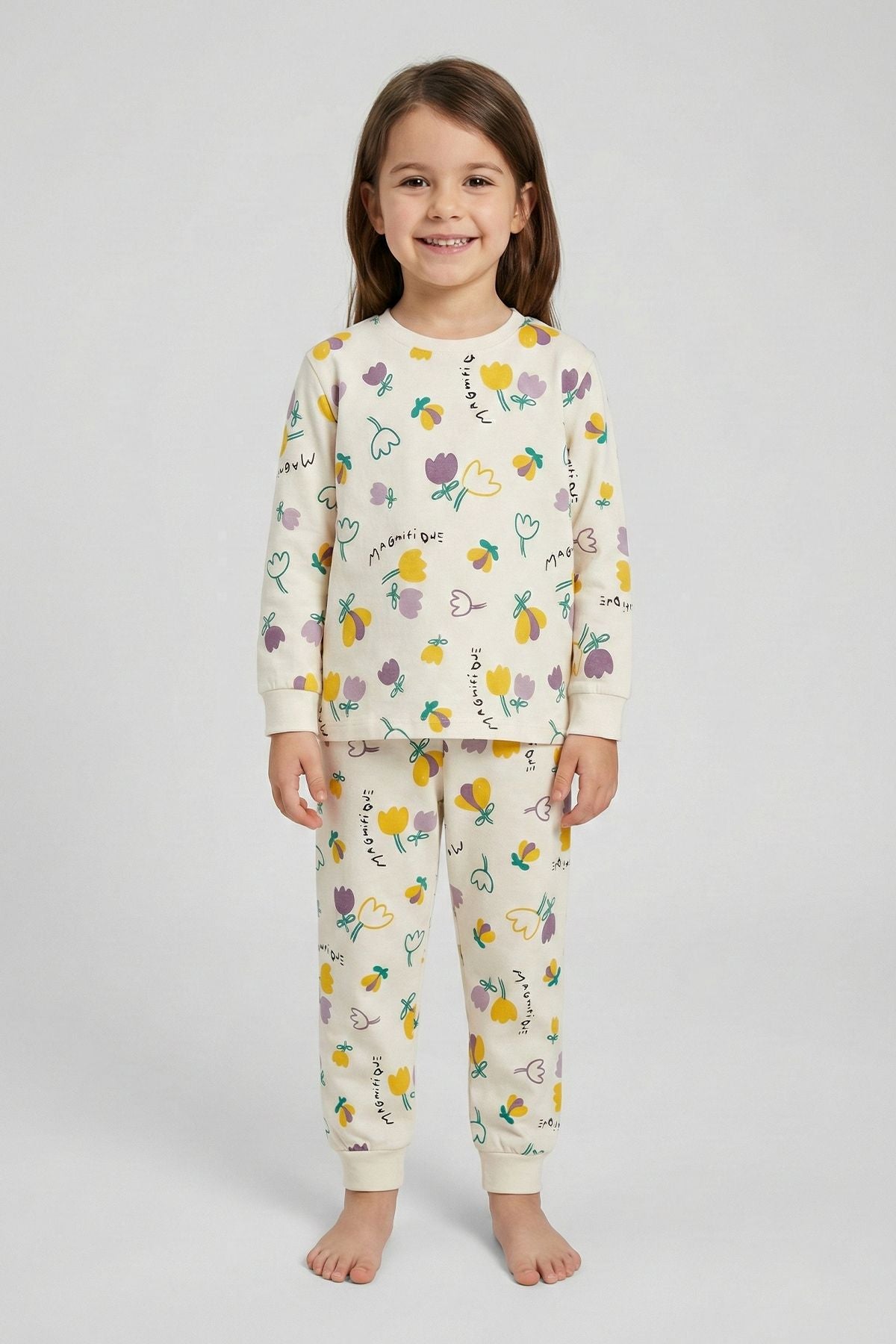 Magnifi Ove Yazılı Lale Baskılı Kız Çocuk Pijama Takımı