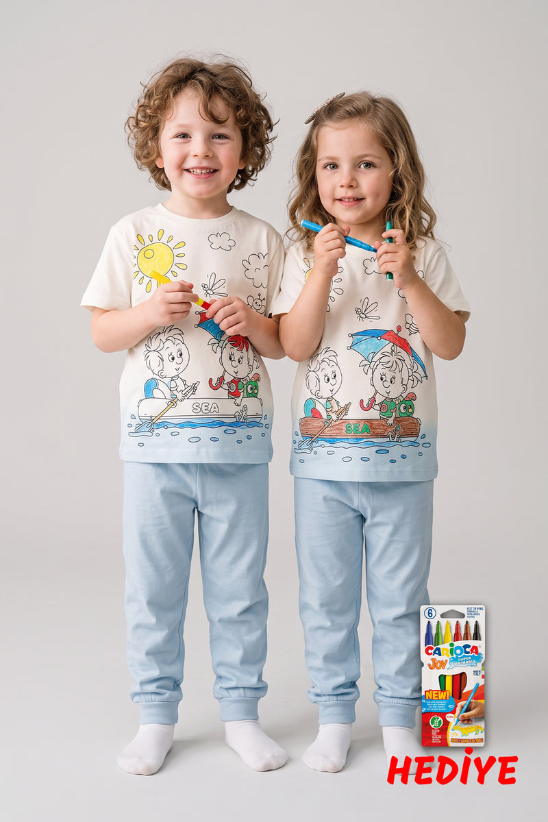 En Sevimli Figürleri Özel Kalemi ile BOYANABİLİR Çocuk Pijama Takımı (Yıkama Sonrası Leke Bırakmaz)