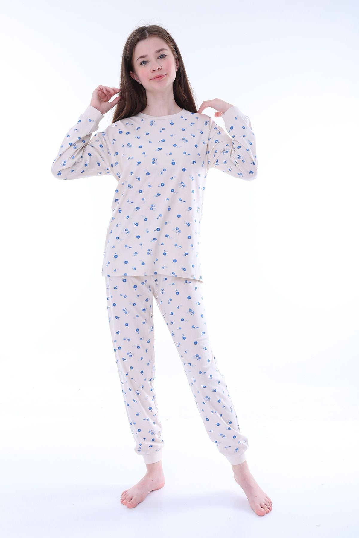 Minimal Çiçek Detaylı Mavi Kız Çocuk Pijama Takımı