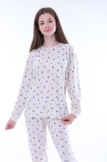 Minimal Çiçek Detaylı Mavi Kız Çocuk Pijama Takımı
