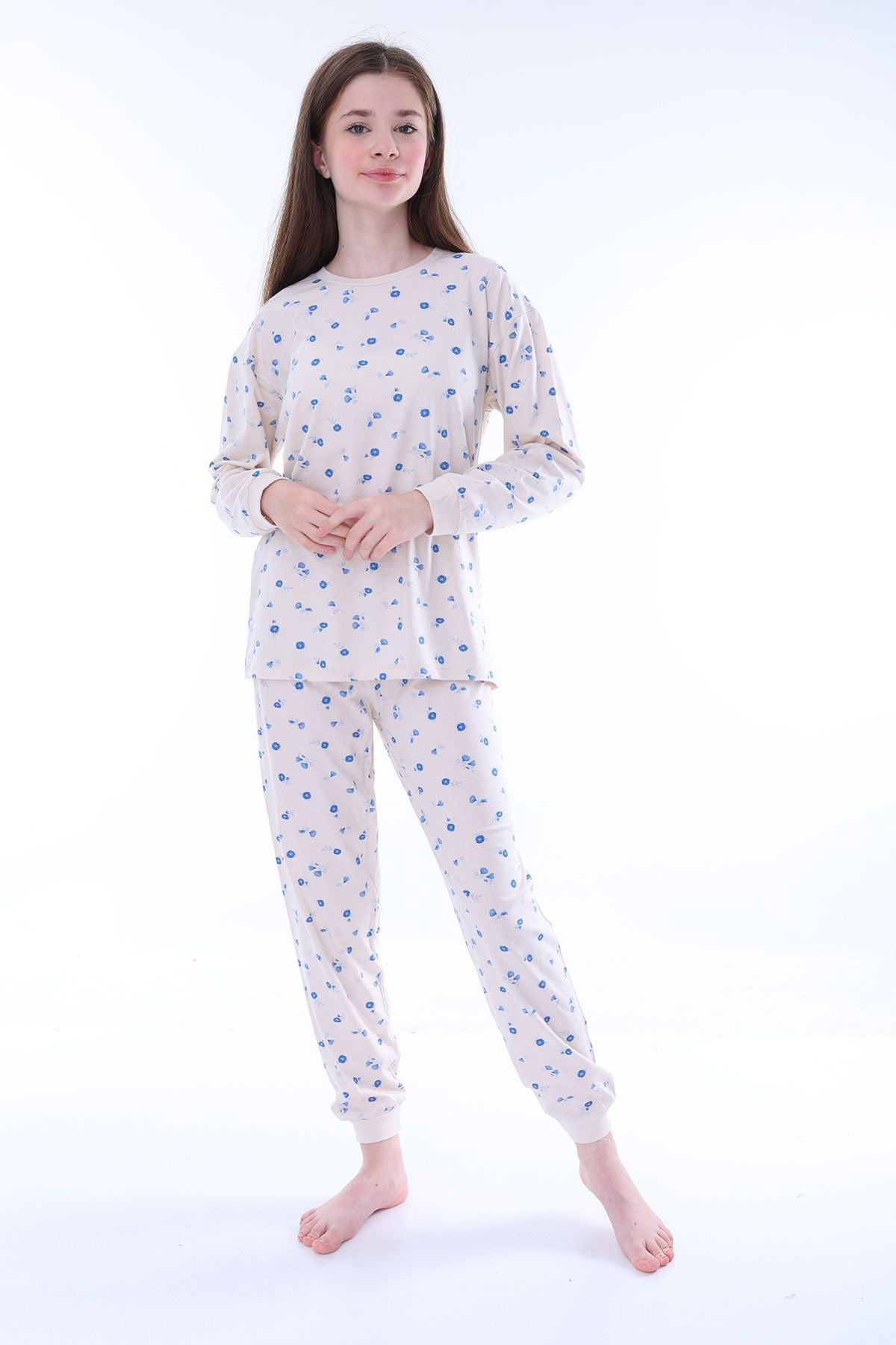 Minimal Çiçek Detaylı Mavi Kız Çocuk Pijama Takımı