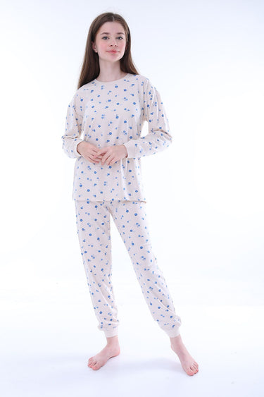 Minimal Çiçek Detaylı Mavi Kız Çocuk Pijama Takımı