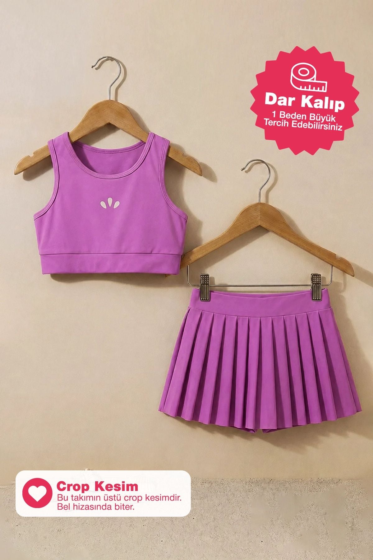 Kız Çocuk Sportif Mor Renk Pilili Crop - Şort Etek Alt - Üst Takım