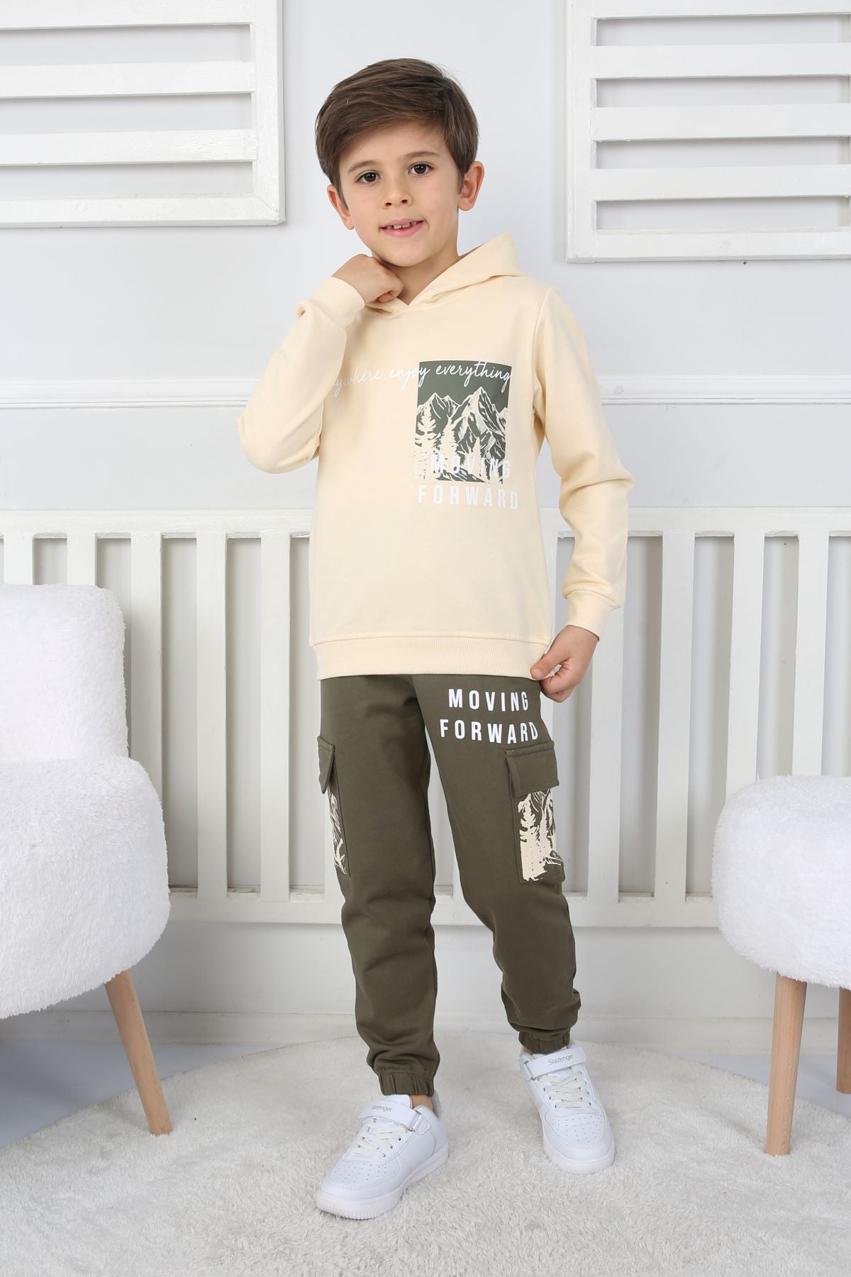 Moving Forward Kargo Cep Kapüşonlu 2 İplik Şardonlu Alt-Üst Erkek Çocuk Eşofman Takımı