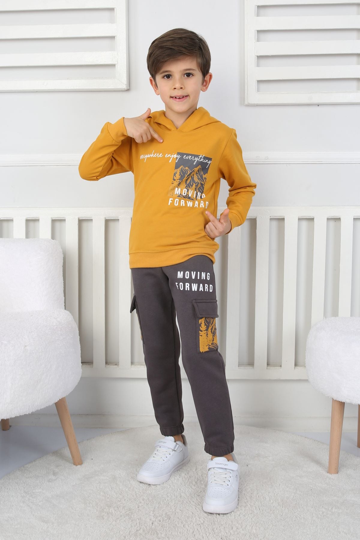 Moving Forward Kargo Cep Kapüşonlu 2 İplik Şardonlu Alt-Üst Erkek Çocuk Eşofman Takımı