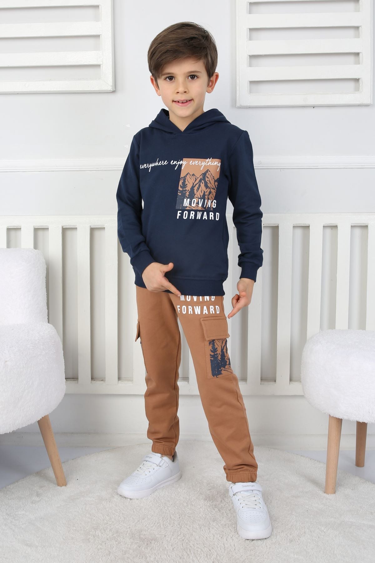 Moving Forward Kargo Cep Kapüşonlu 2 İplik Şardonlu Alt-Üst Erkek Çocuk Eşofman Takımı