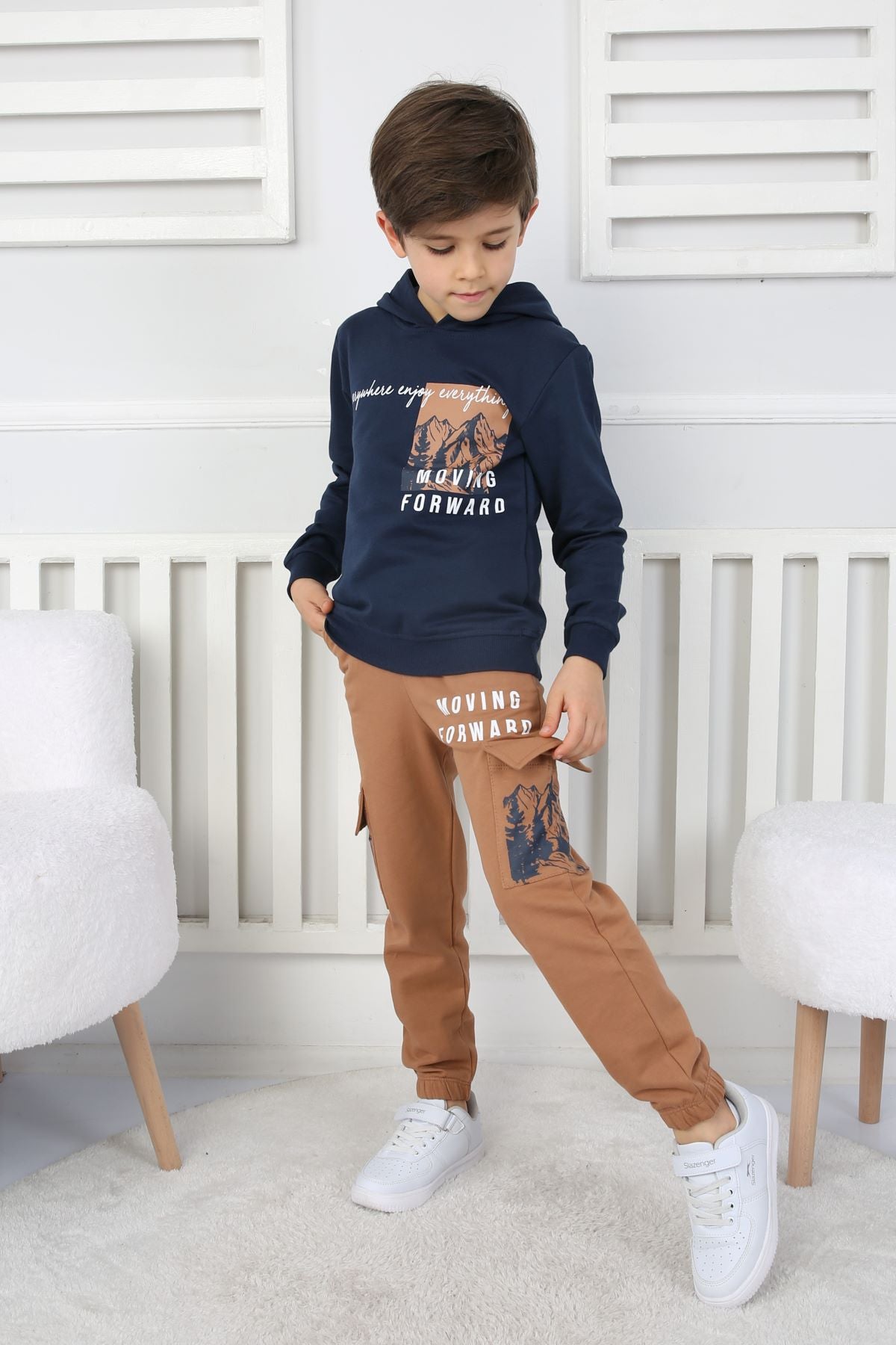 Moving Forward Kargo Cep Kapüşonlu 2 İplik Şardonlu Alt-Üst Erkek Çocuk Eşofman Takımı