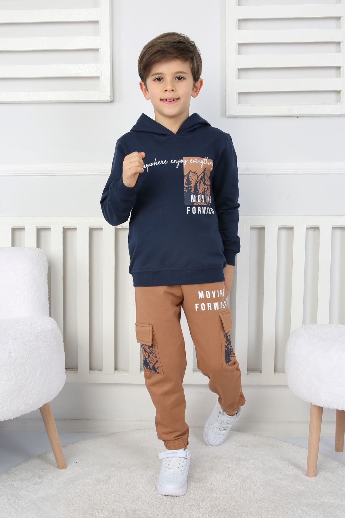 Moving Forward Kargo Cep Kapüşonlu 2 İplik Şardonlu Alt-Üst Erkek Çocuk Eşofman Takımı